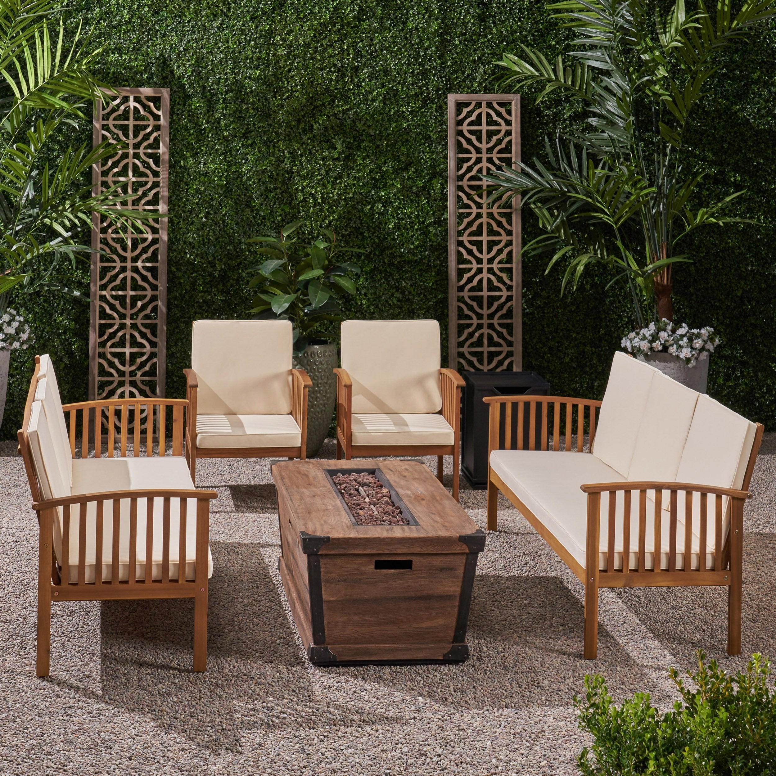 Outdoor 4 Piece Acacia Wood Conversational Sofa Set with Cushions and Fire Pit - NH328703