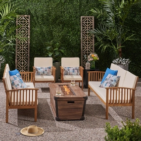 Outdoor 4 Piece Acacia Wood Conversational Sofa Set with Cushions and Fire Pit - NH328703 outdoor furniture, garden bench