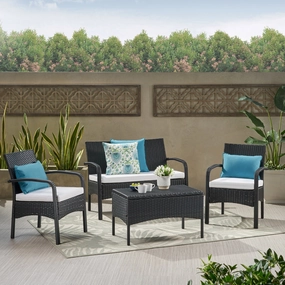 Outdoor 4 Piece Black Wicker Chat Set with White Water Resistant Cushions - NH303303 outdoor furniture, garden bench