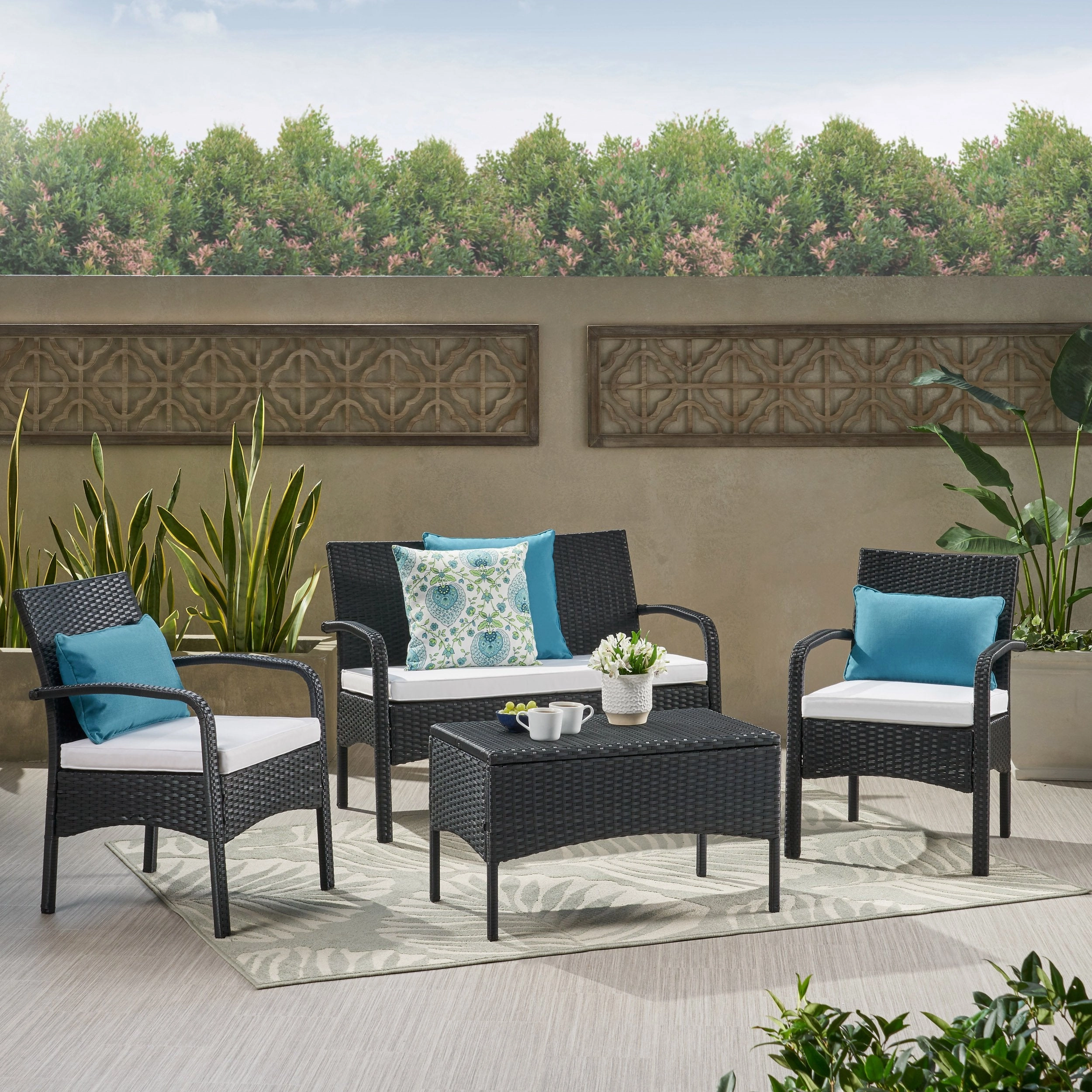 Outdoor 4 Piece Black Wicker Chat Set with White Water Resistant Cushions - NH303303 outdoor furniture, garden bench