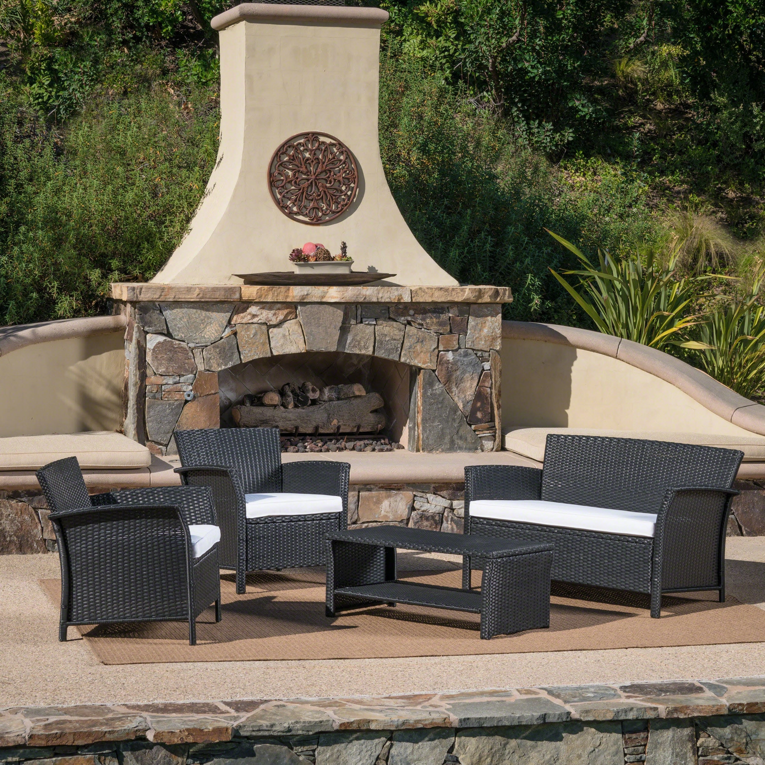 Outdoor 4 Piece Black Wicker Chat Set with White Water Resistant Cushions - NH692303 outdoor furniture, garden bench