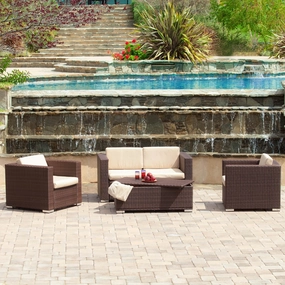 Outdoor 4-Piece Brown Wicker Sofa Set with Storage Ottoman Table - NH382612 outdoor furniture, garden bench