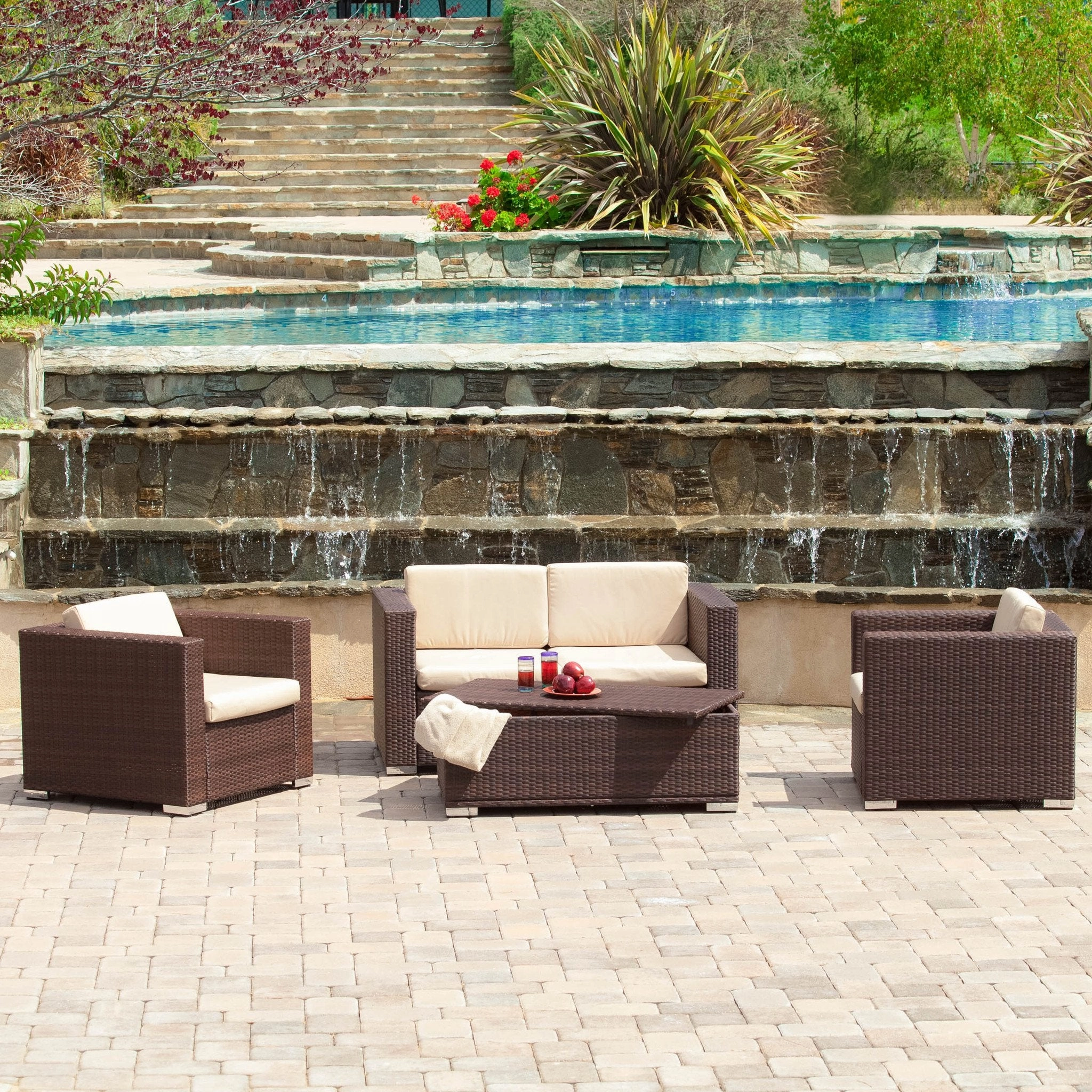 Outdoor 4-Piece Brown Wicker Sofa Set with Storage Ottoman Table - NH382612 outdoor furniture, garden bench