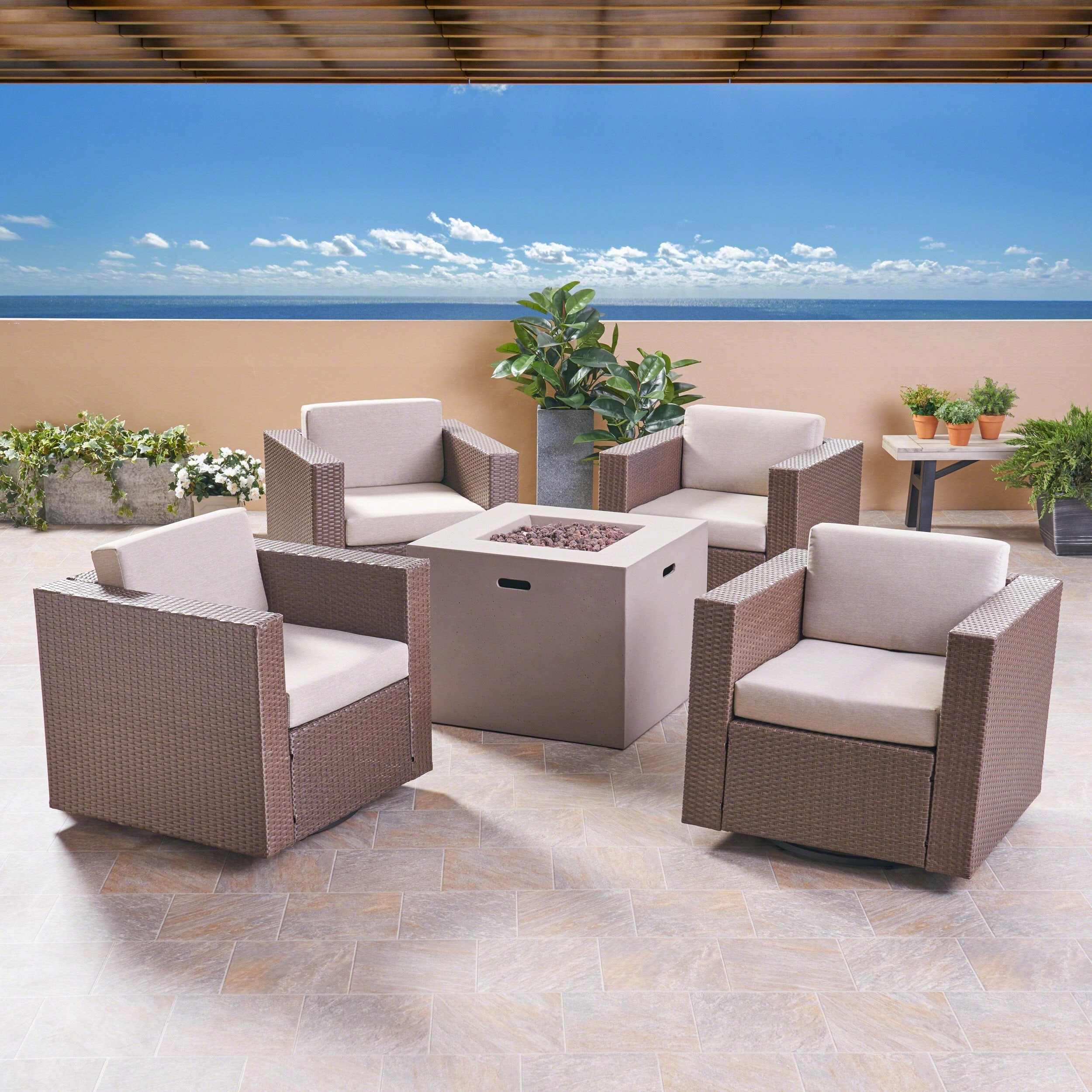 Outdoor 4 Piece Club Chair Set with Square Fire Pit - NH582503 outdoor furniture, garden bench