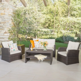 Outdoor 4 Piece Dark Brown Wicker Chat Set with Beige Water Resistant Cushions - NH406992 outdoor furniture, garden bench