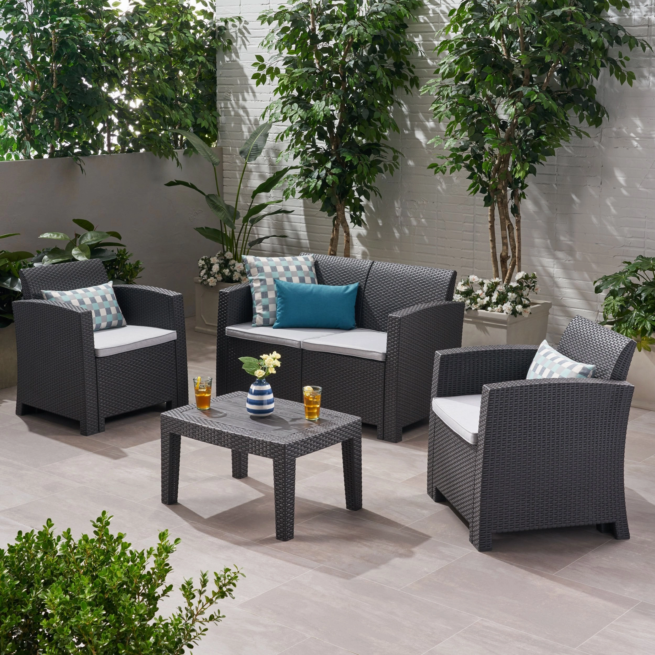 Outdoor 4 Piece Faux Wicker Rattan Chat Set with Water Resistant Cushions - NH516203 outdoor furniture, garden bench