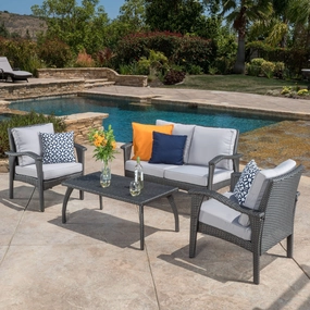Outdoor 4 Piece Gray Wicker Chat Set with Cushions - NH687532 outdoor furniture, garden bench