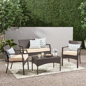 Outdoor 4 Piece Multi-brown Wicker Chat Set with Dark Cream Water Resistant Fabric Cushions - NH967992 outdoor furniture, garden bench