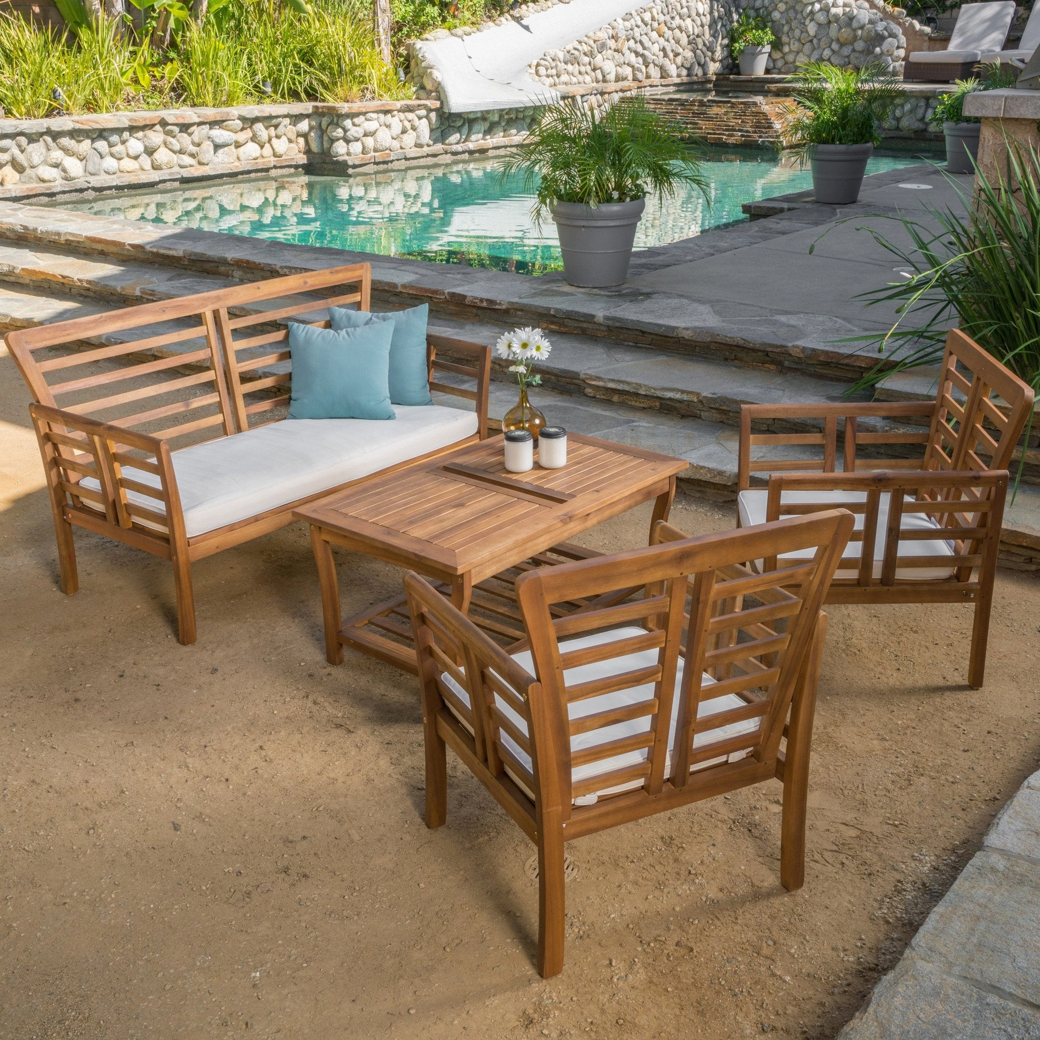 Outdoor 4-piece Solid Wood Chat Set with Cushions - NH231692 outdoor furniture, garden bench