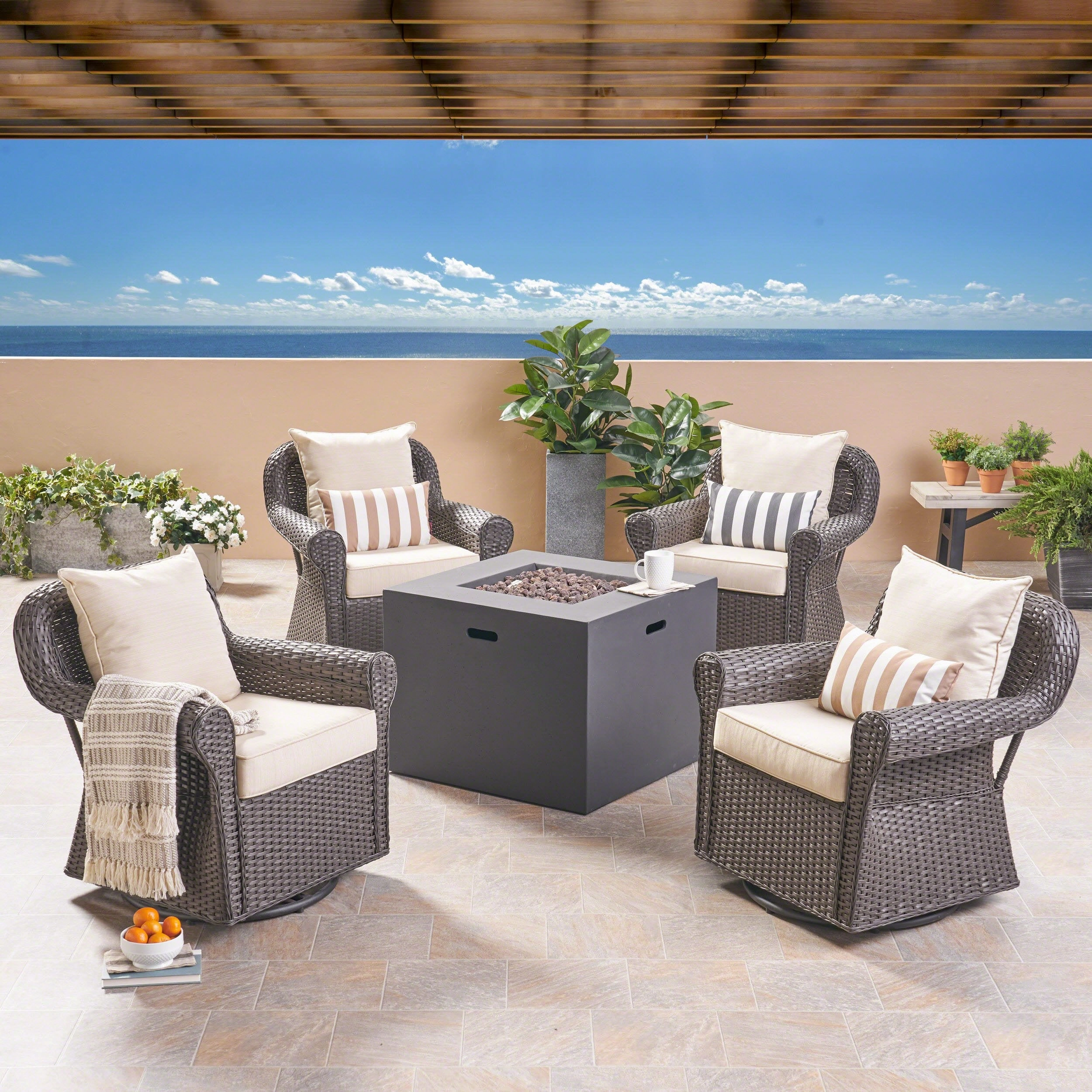 Outdoor 4 Piece Swivel Club Chair Set with Square Fire Pit - NH182503 outdoor furniture, garden bench