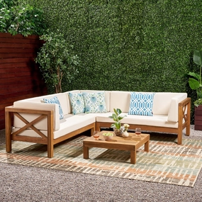 Outdoor 4 Piece V-Shaped Acacia Wood Sectional Sofa and Coffee Table Set - NH121992 outdoor furniture, garden bench