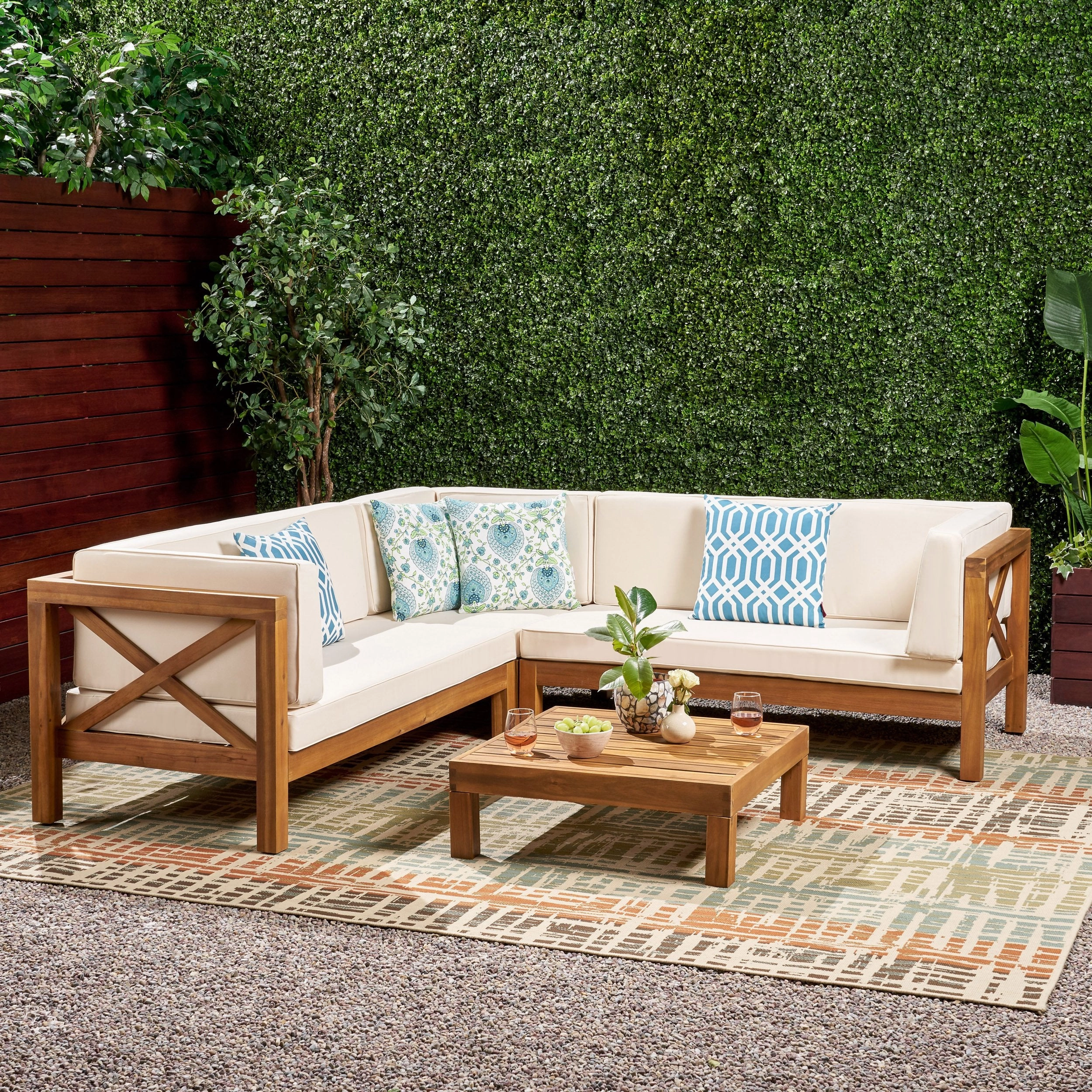 Outdoor 4 Piece V-Shaped Acacia Wood Sectional Sofa and Coffee Table Set - NH121992 outdoor furniture, garden bench