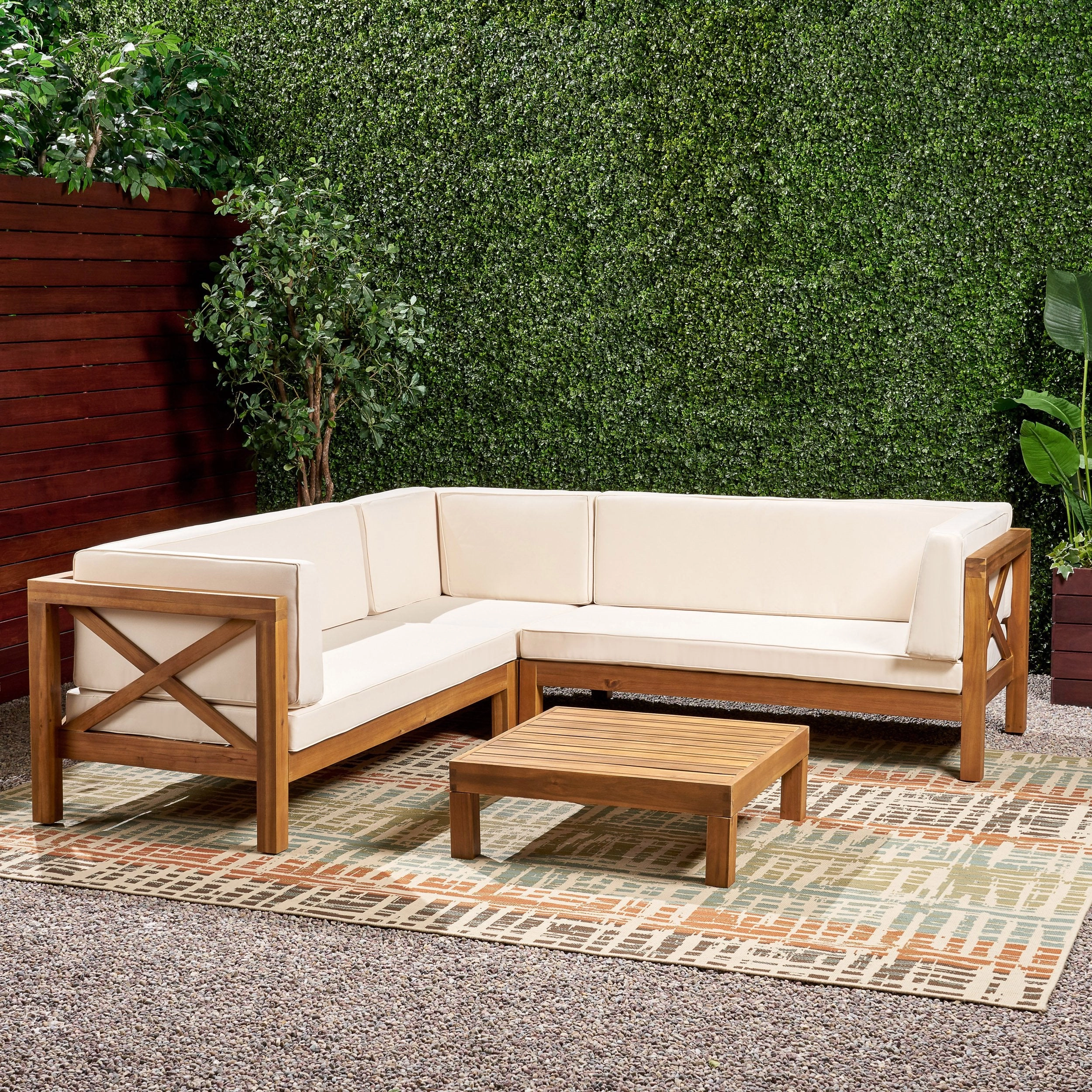 Outdoor 4 Piece V-Shaped Acacia Wood Sectional Sofa and Coffee Table Set - NH121992