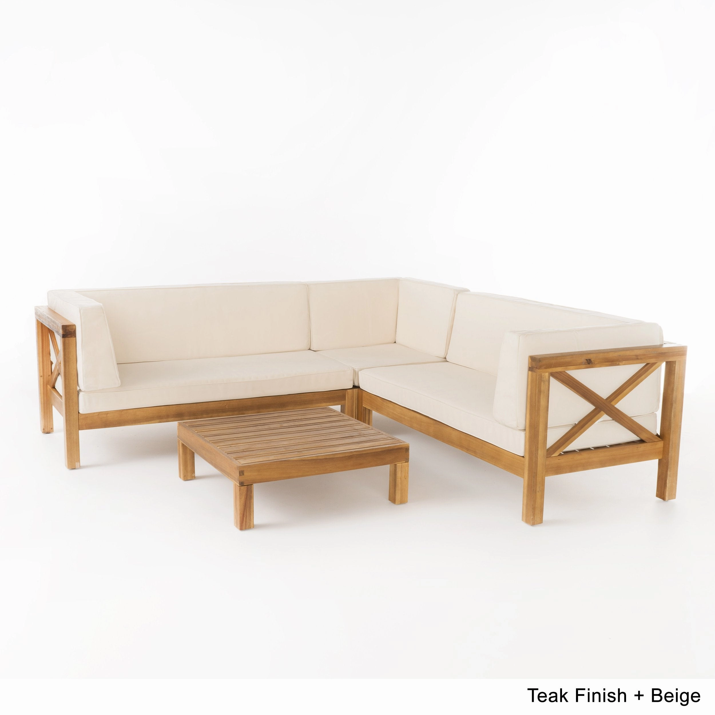 Outdoor 4 Piece V-Shaped Acacia Wood Sectional Sofa and Coffee Table Set - NH121992