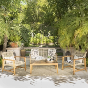 Outdoor 4 Piece Wicker Chat Set with Natural Stained Acacia Wood Frame - NH517103 outdoor furniture, garden bench
