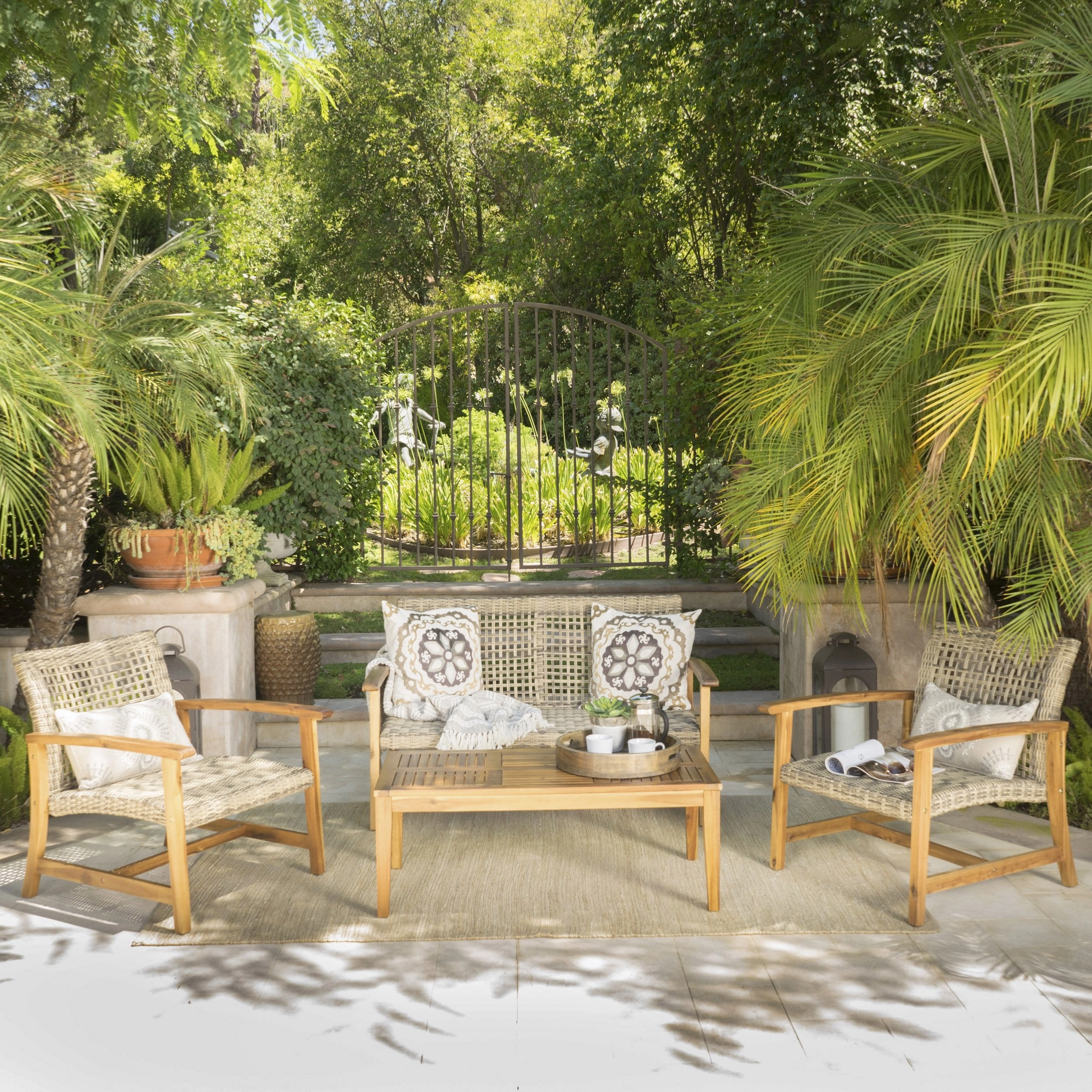 Outdoor 4 Piece Wicker Chat Set with Natural Stained Acacia Wood Frame - NH517103 outdoor furniture, garden bench