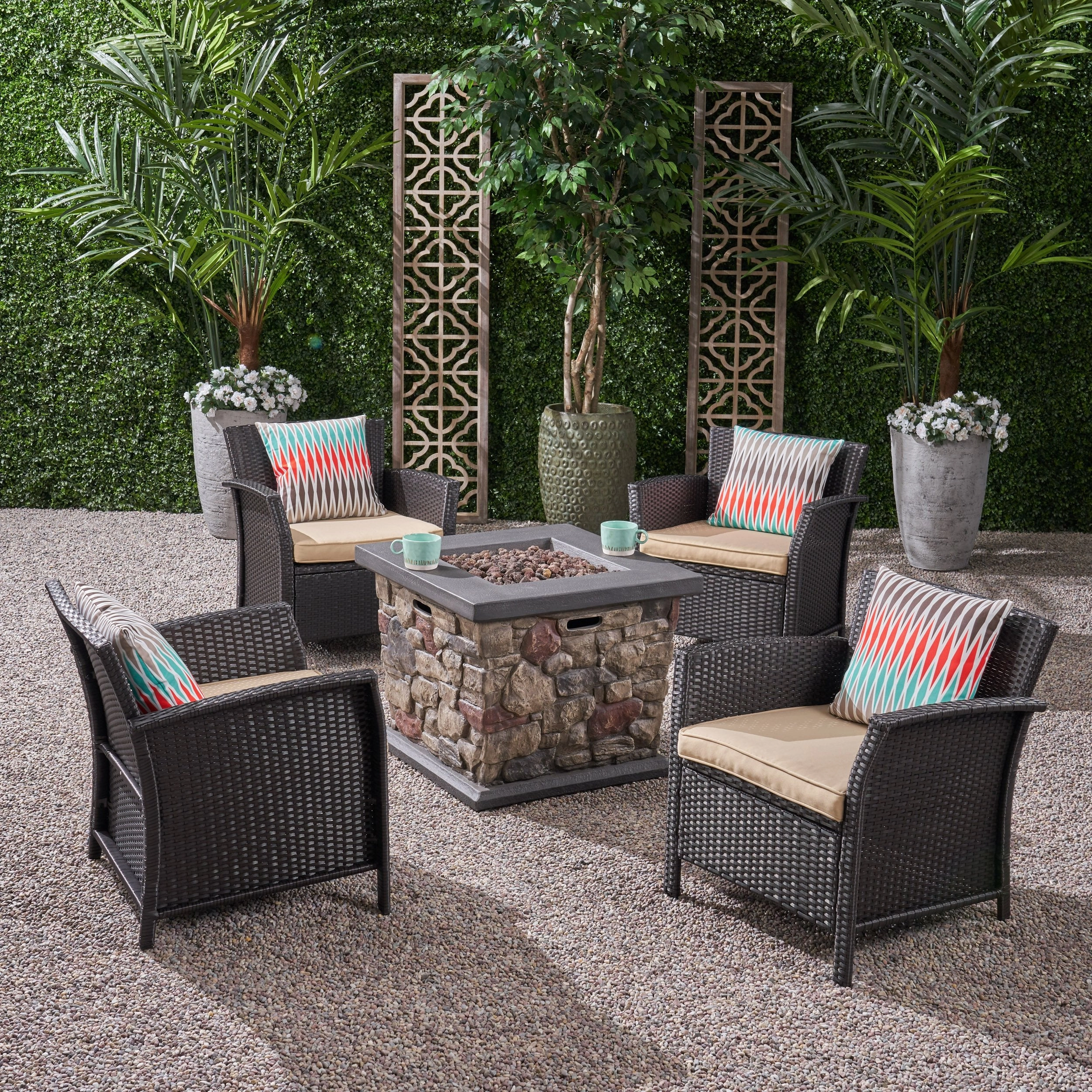 Outdoor 4 Piece Wicker Club Chair Chat Set with Stone Finished Fire Pit - NH234503 outdoor furniture, garden bench