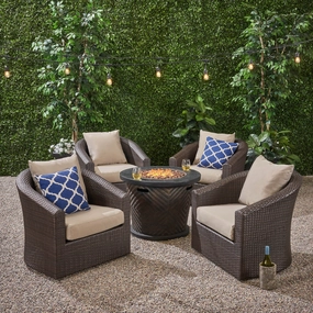 Outdoor 4 Piece Wicker Swivel Chair Set with Fire Pit, Multi Brown and Brown - NH608703 outdoor furniture, garden bench