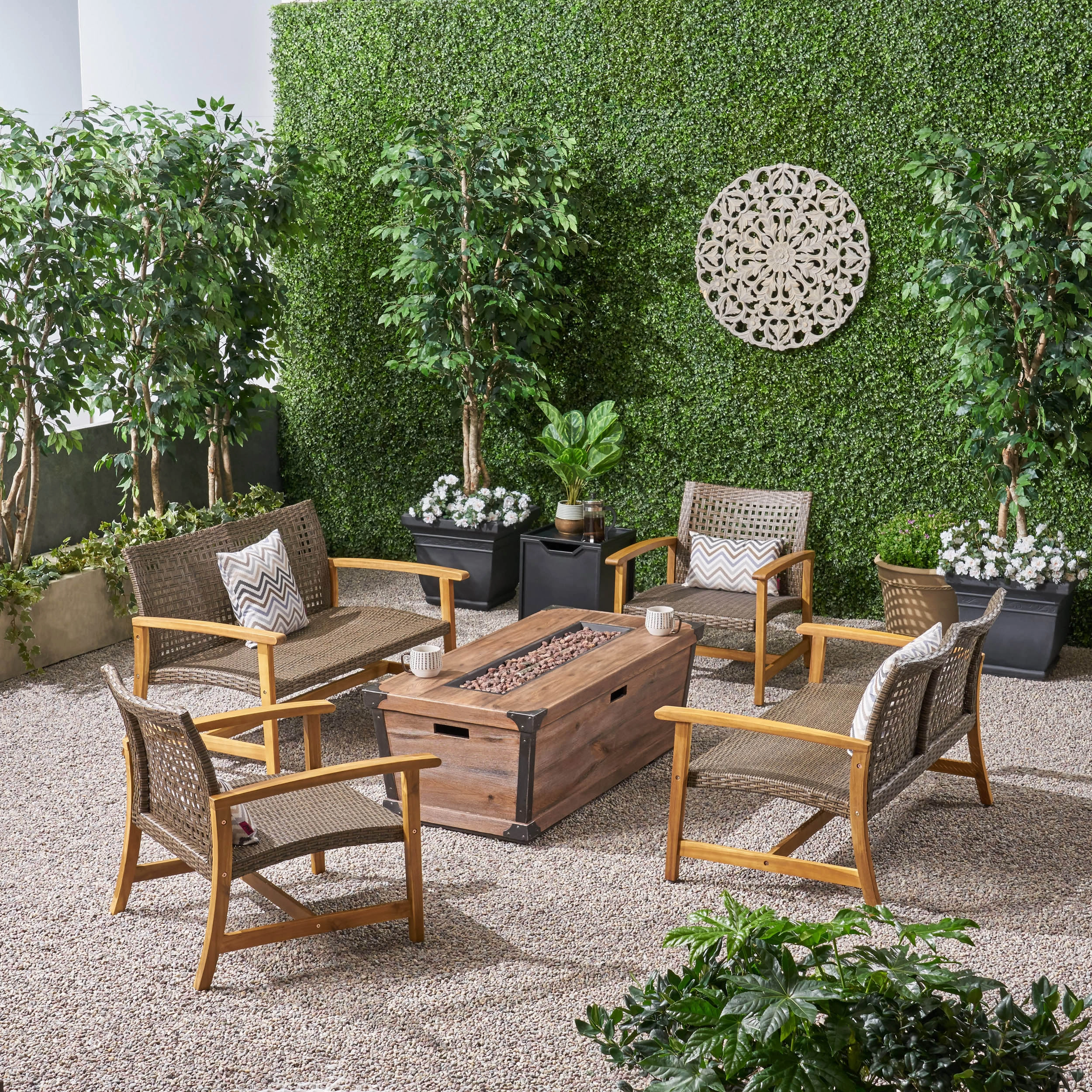 Outdoor 4 Piece Wood and Wicker Chat Set with Fire Pit - NH218703