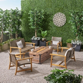 Outdoor 4 Piece Wood and Wicker Chat Set with Fire Pit - NH218703 outdoor furniture, garden bench