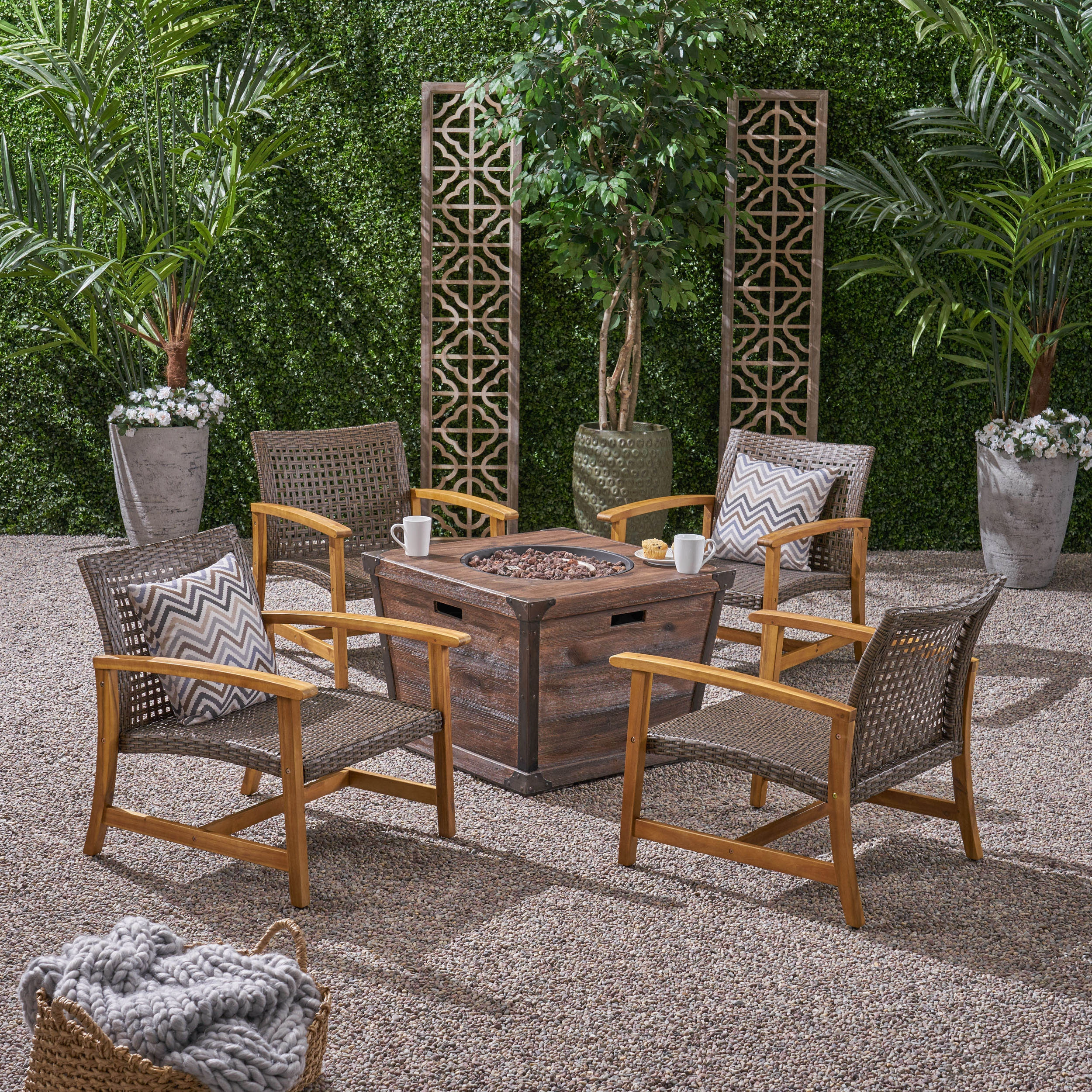 Outdoor 4 Piece Wood and Wicker Club Chair Set with Fire Pit - NH818703 outdoor furniture, garden bench