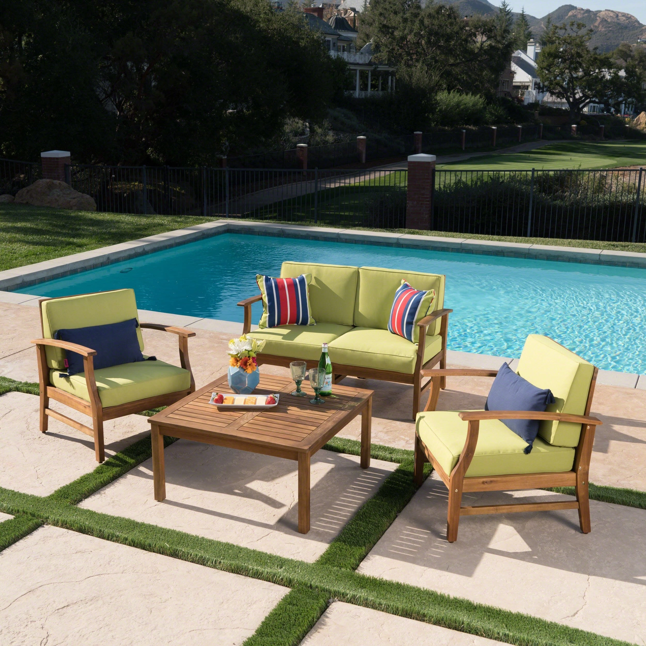 Outdoor 4 Seat Teak Finished Acacia Wood Chat Set with Water Resistant Cushions - NH927303