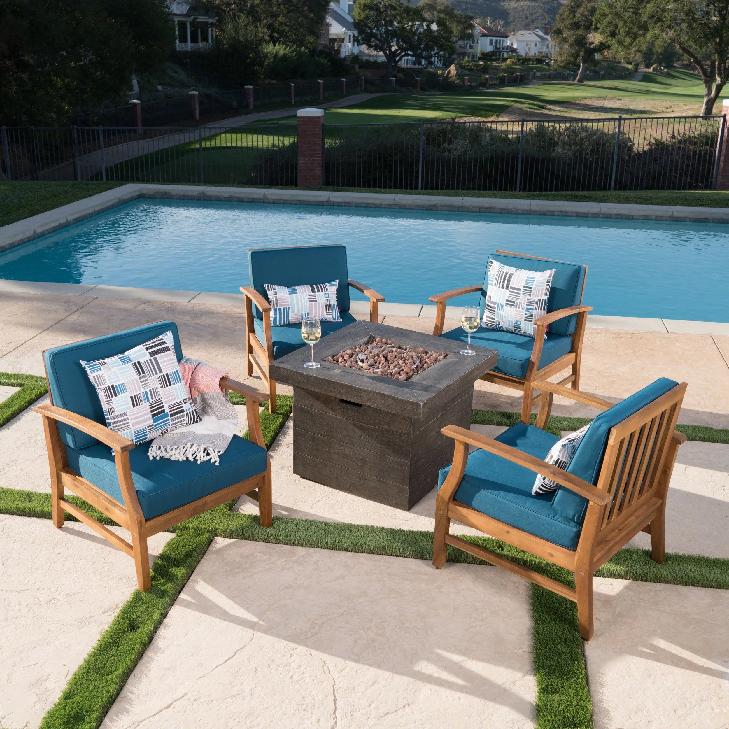 Outdoor 4 Seat Teak Finished Acacia Wood Club Chairs Fire Pit Chat Set - NH237303 outdoor furniture, garden bench