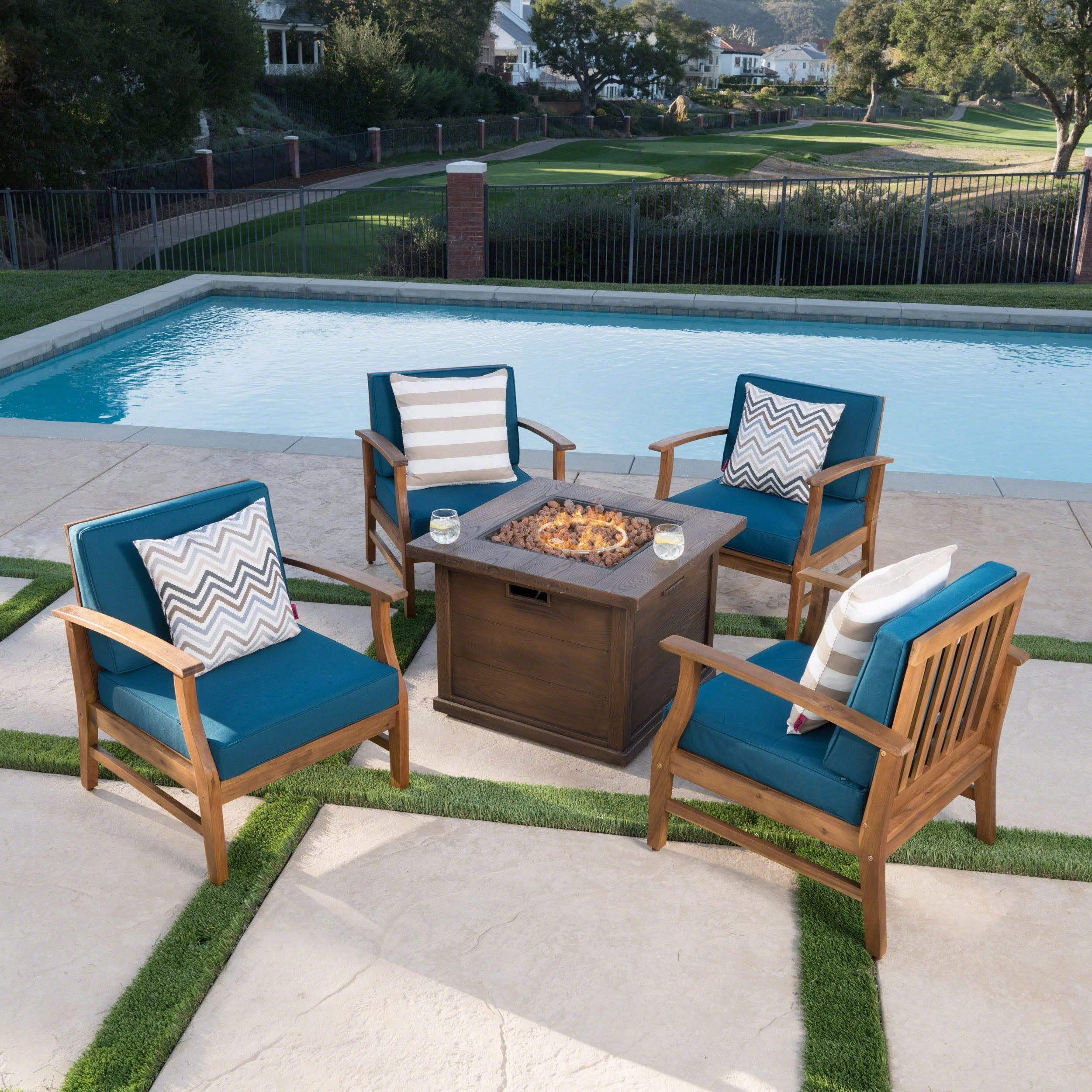 Outdoor 4 Seat Teak Finished Acacia Wood Club Chairs Fire Pit Chat Set - NH537303 outdoor furniture, garden bench