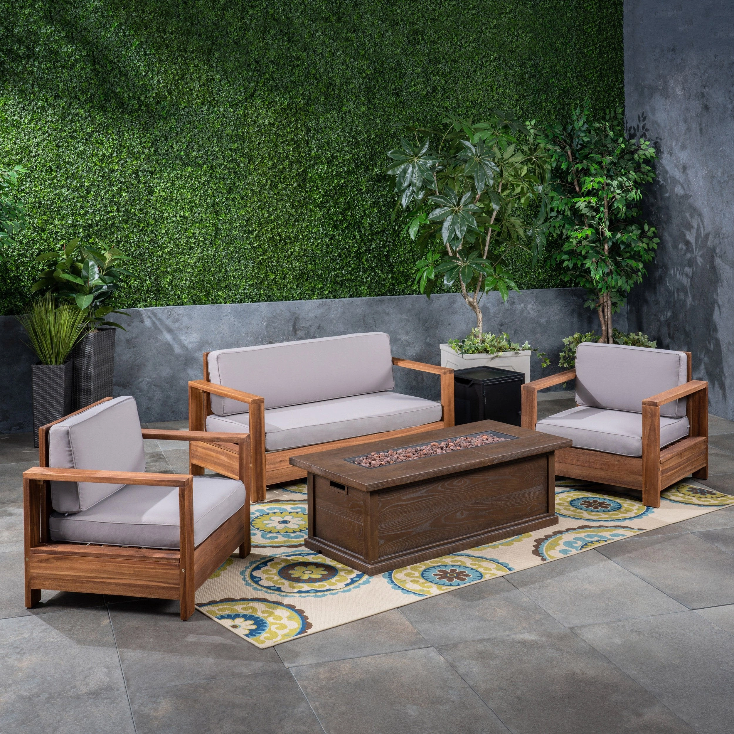 Outdoor 4-Seater Acacia Wood Chat Set with Fire Pit and Tank Holder - NH893603
