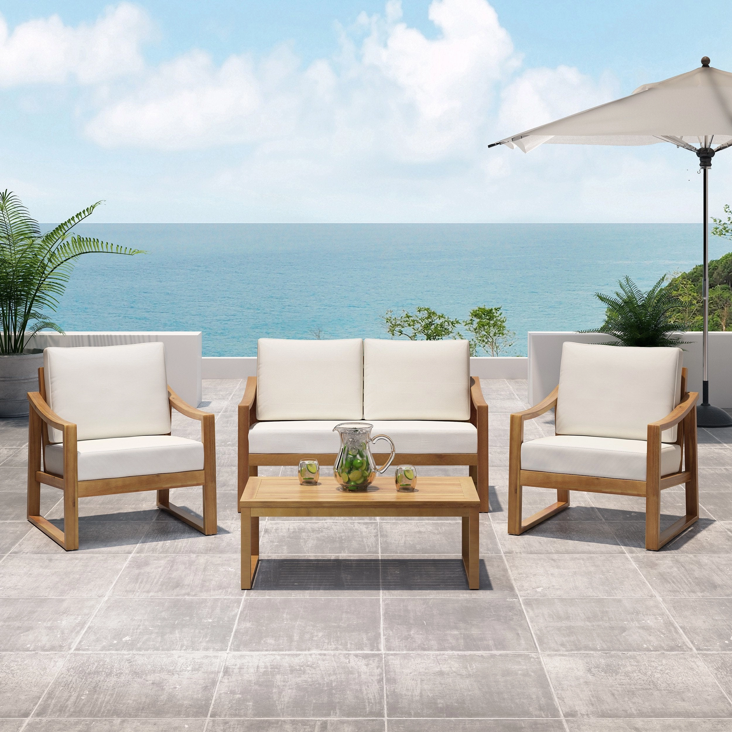 Outdoor 4 Seater Acacia Wood Chat Set with Water Resistant Cushions - NH359213 outdoor furniture, garden bench