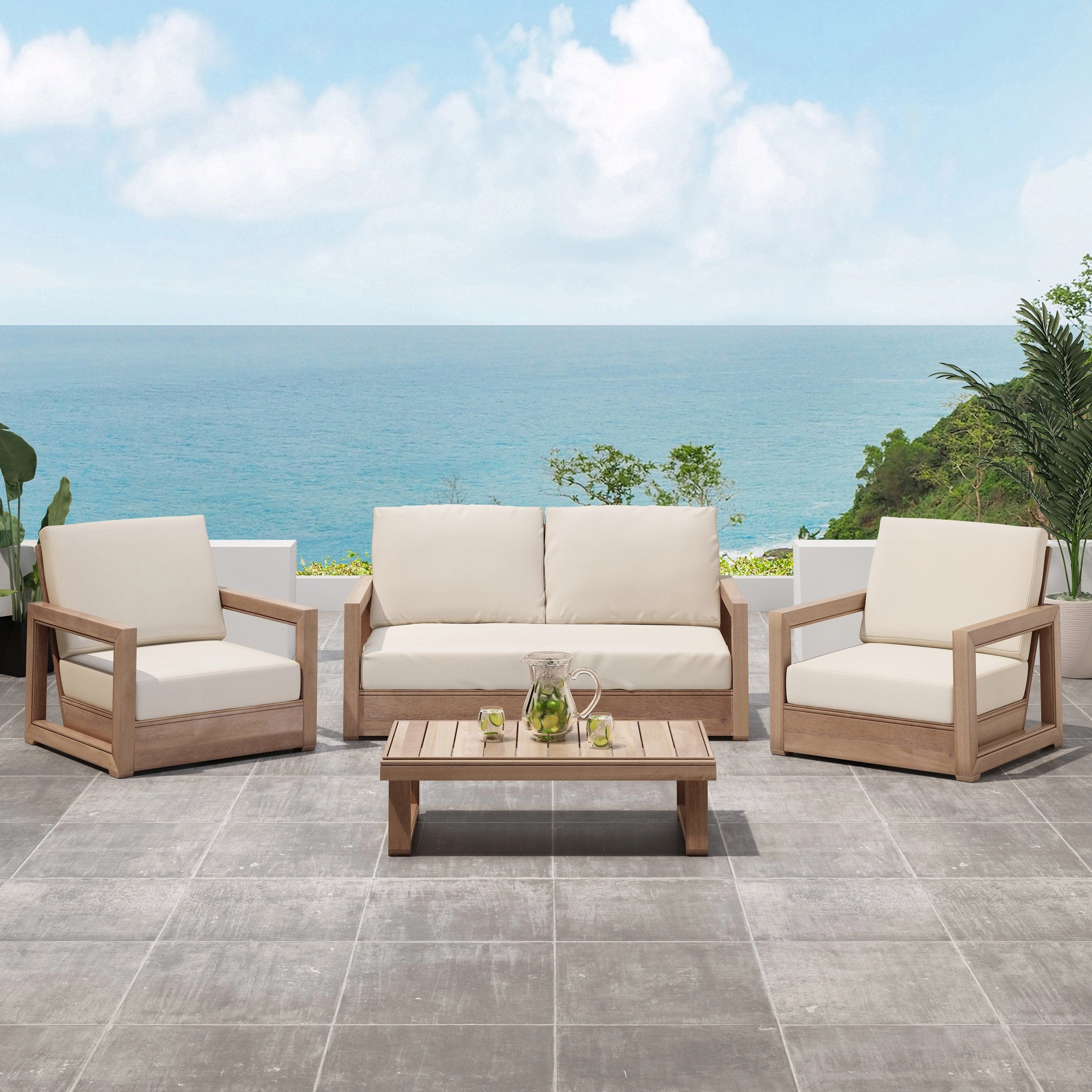 Outdoor 4 Seater Acacia Wood Chat Set with Water Resistant Cushions - NH729213 outdoor furniture, garden bench