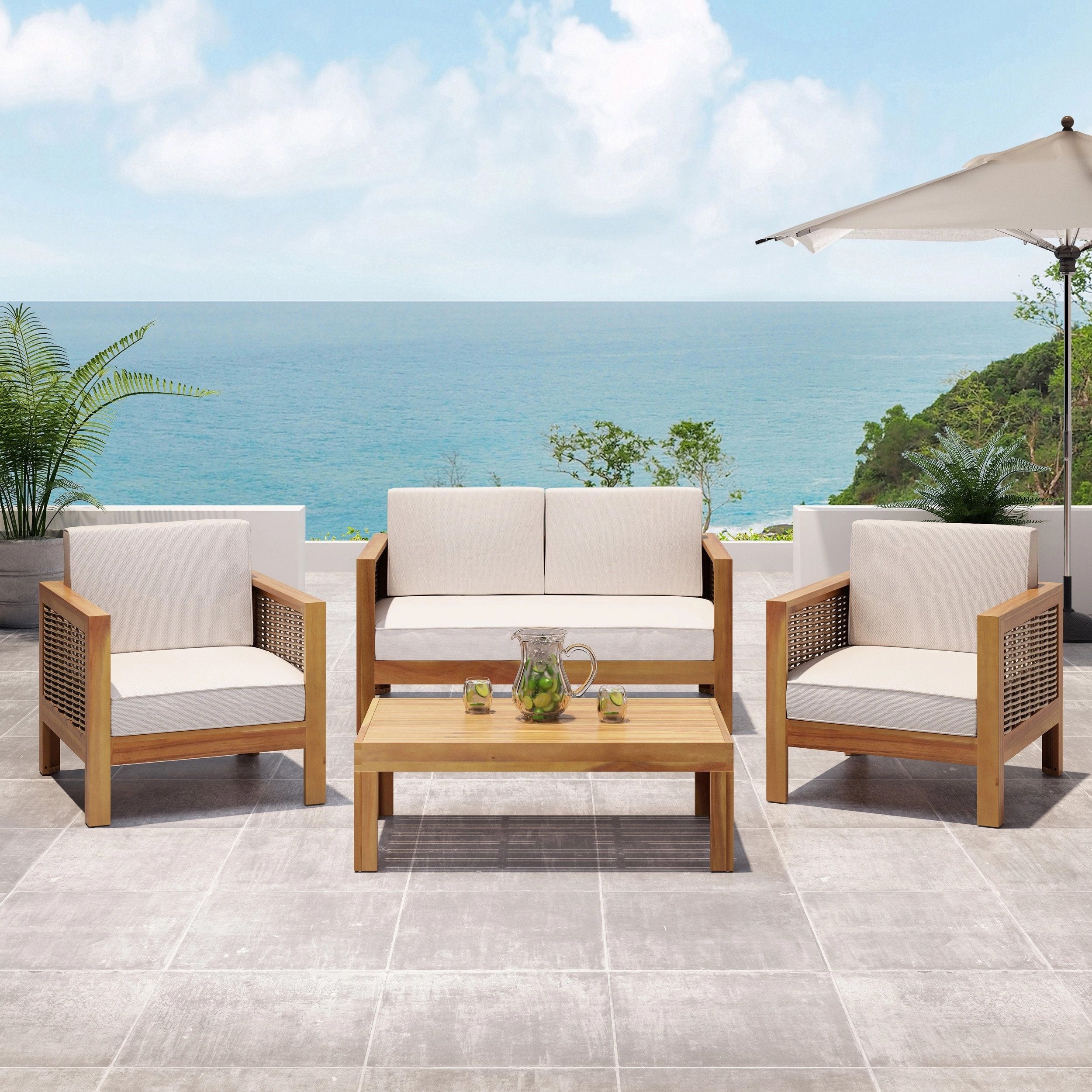 Outdoor 4 Seater Acacia Wood Chat Set with Wicker Accents - NH859213 outdoor furniture, garden bench