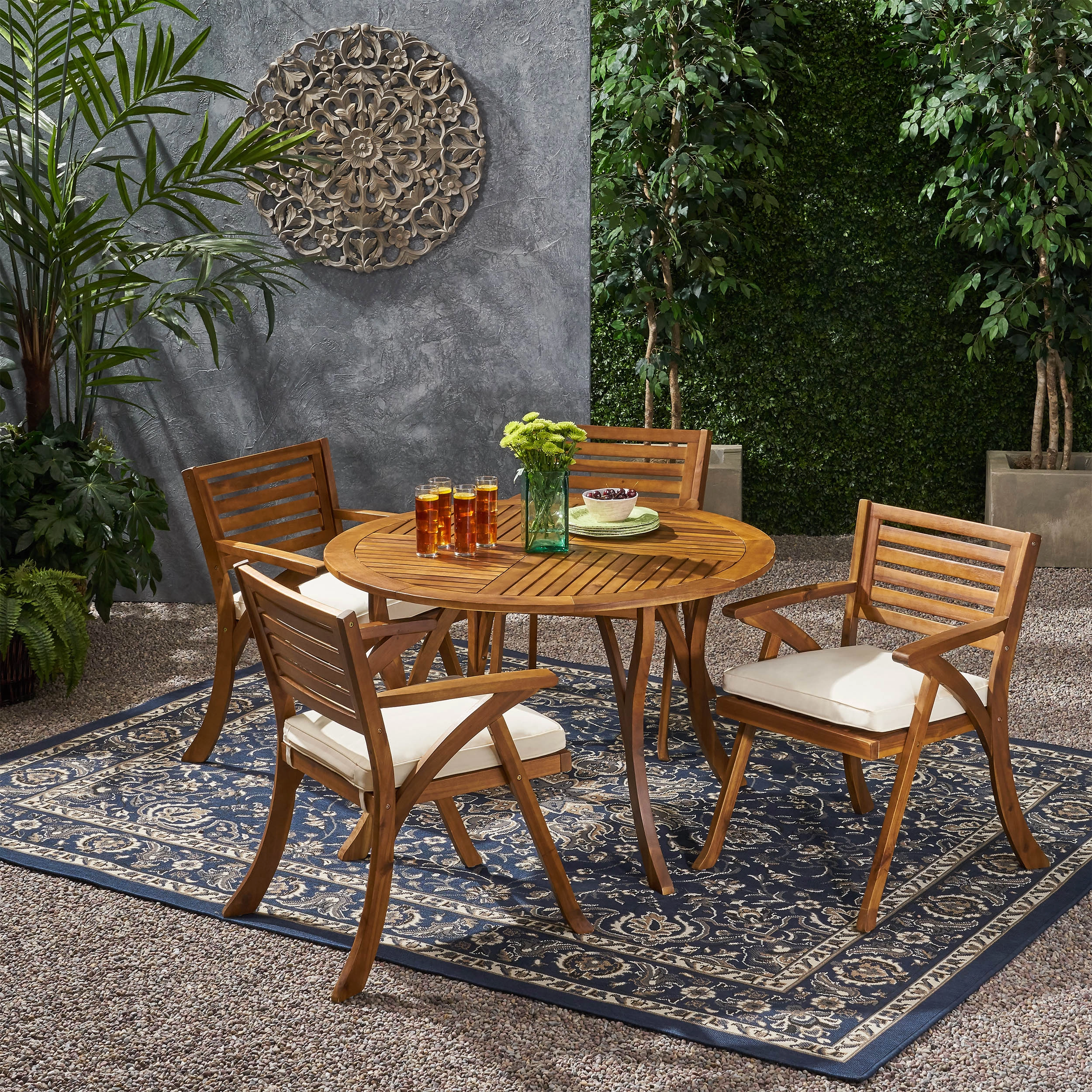 Outdoor 4 Seater Acacia Wood Circular Dining Set with Cushions - NH359903 outdoor lounge chair, patio sofa