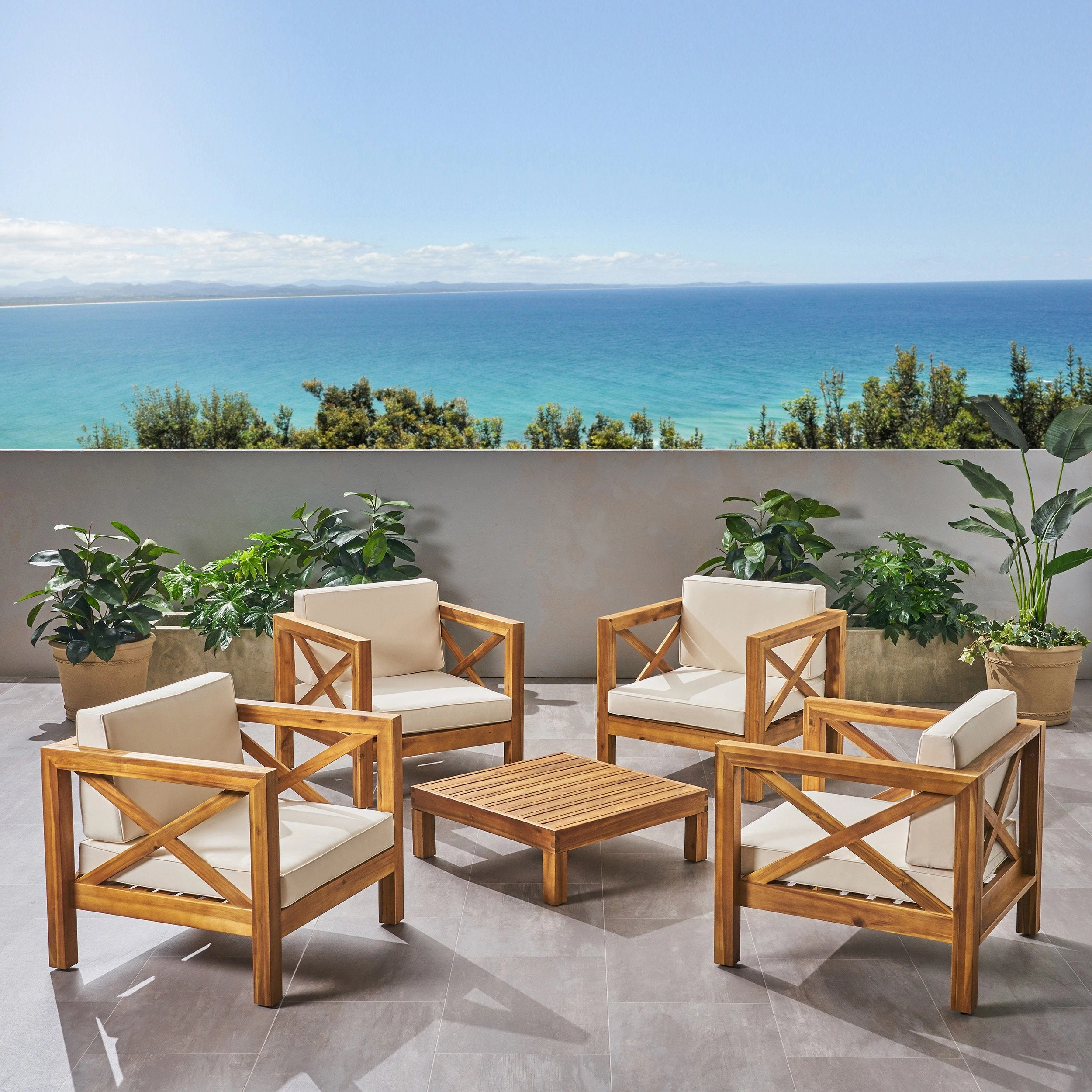 Outdoor 4 Seater Acacia Wood Club Chair and Coffee Table Set - NH004803 outdoor furniture, garden bench