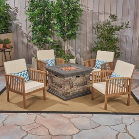 Outdoor 4-Seater Acacia Wood Club Chairs with Firepit, Brown Patina Finish and Cream and Stone - NH780603 outdoor furniture, garden bench