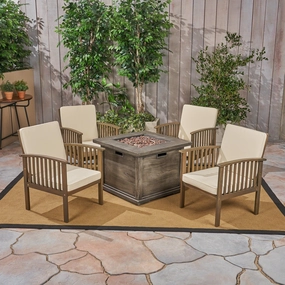 Outdoor 4-Seater Acacia Wood Club Chairs with Firepit, Gray Finish and Cream and Wood Pattern - NH290603 outdoor furniture, garden bench
