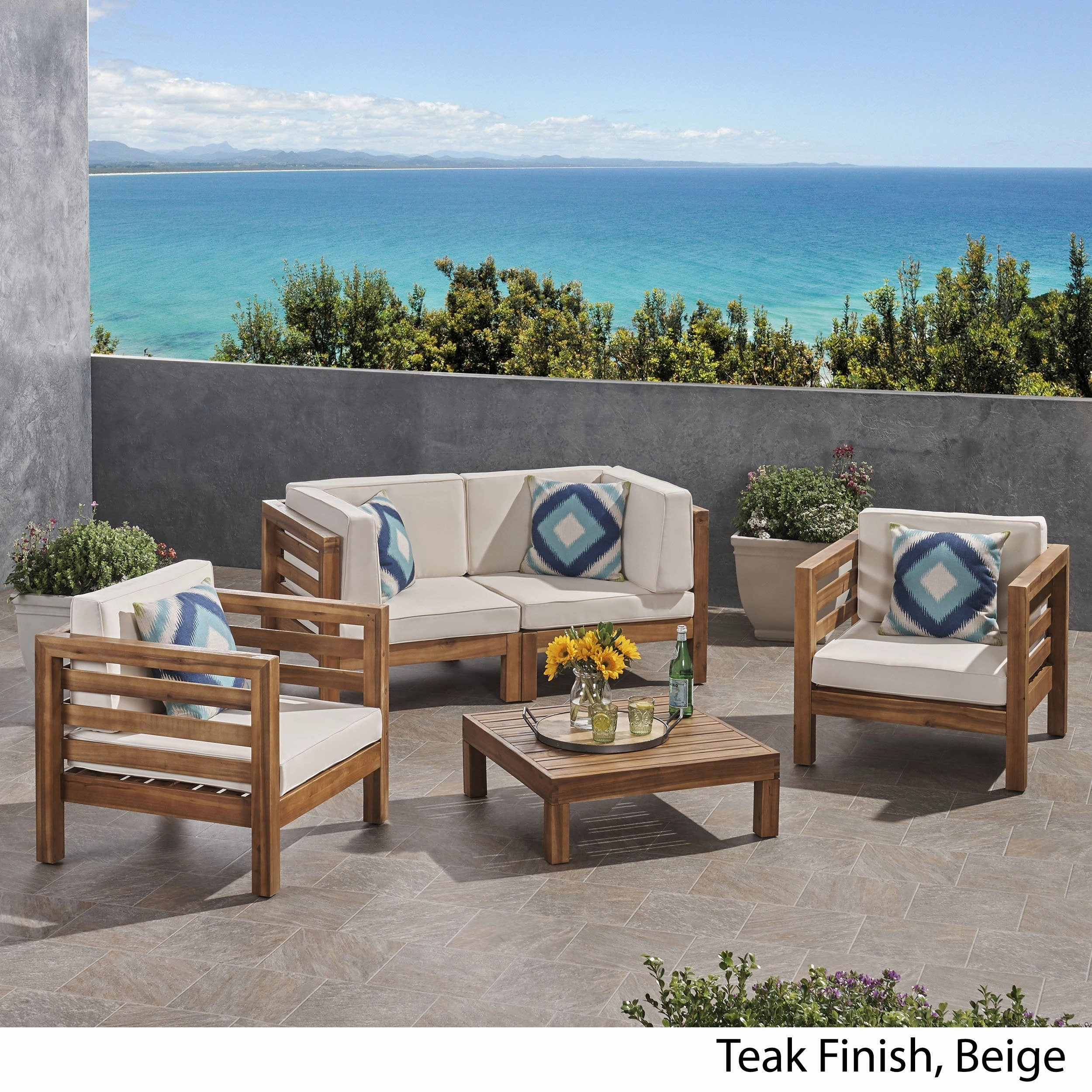 Outdoor 4 Seater Acacia Wood Loveseat Chat Set - NH454803
