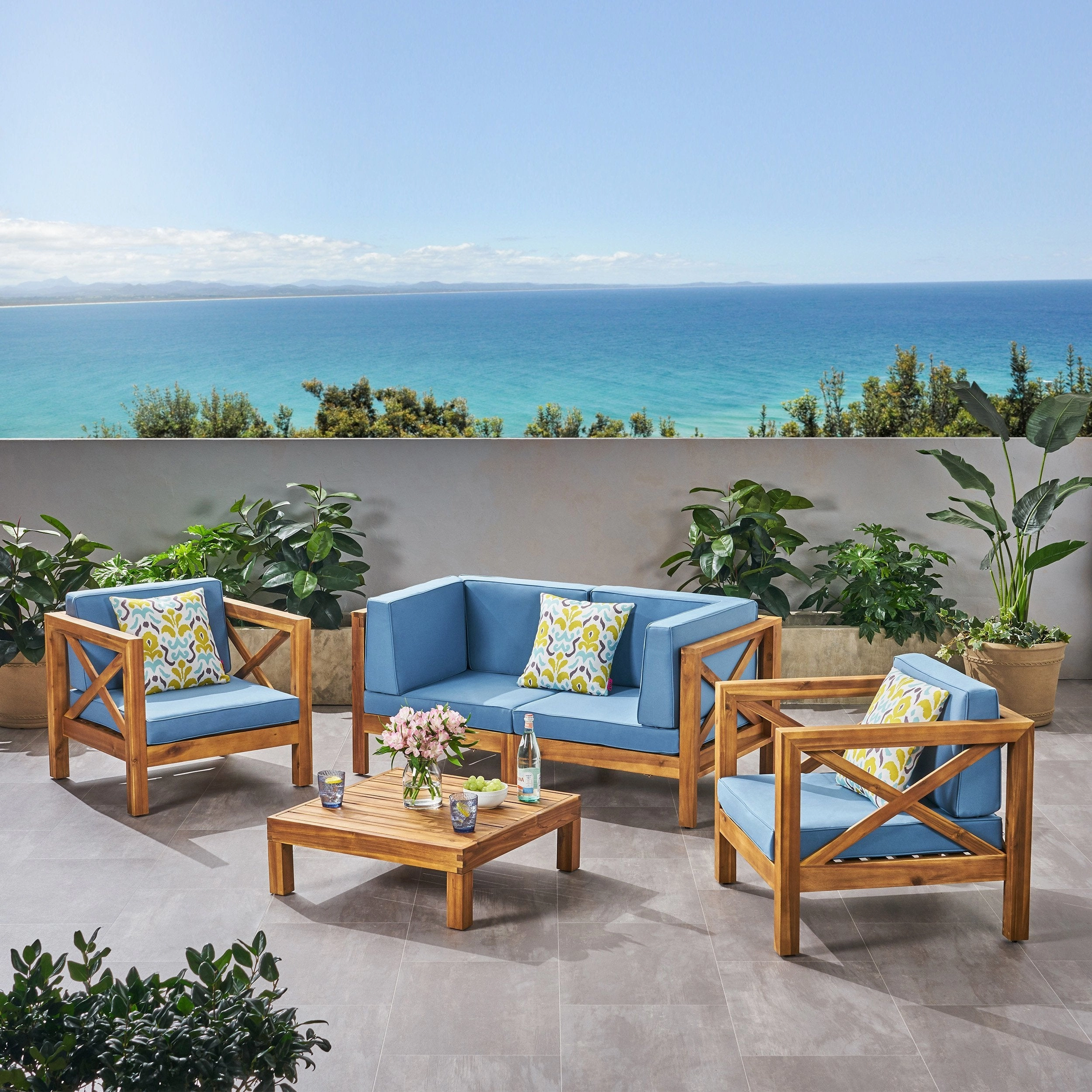 Outdoor 4 Seater Acacia Wood Loveseat Chat Set - NH504803