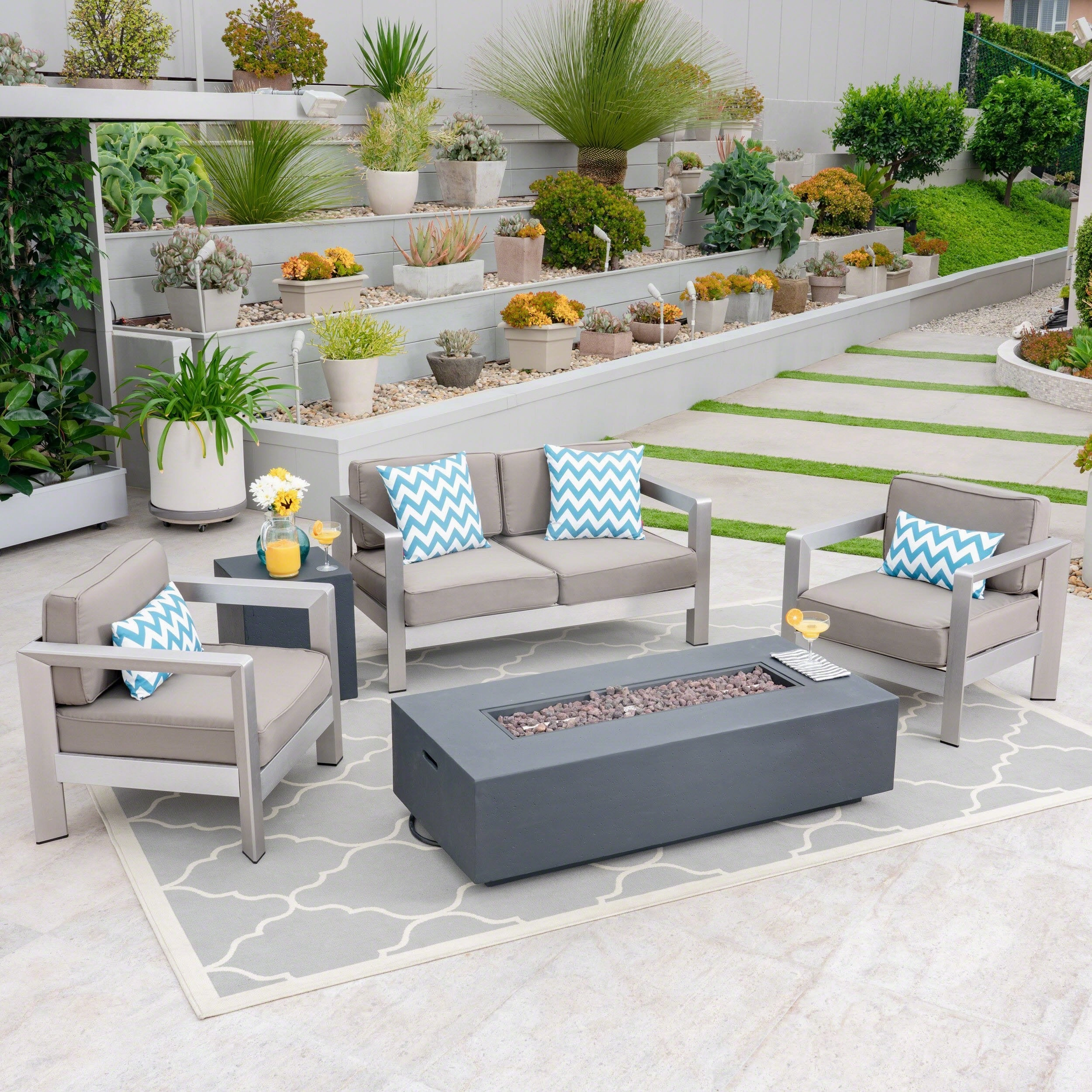 Outdoor 4-Seater Aluminum Chat Set with Fire Pit and Tank Holder - NH964603