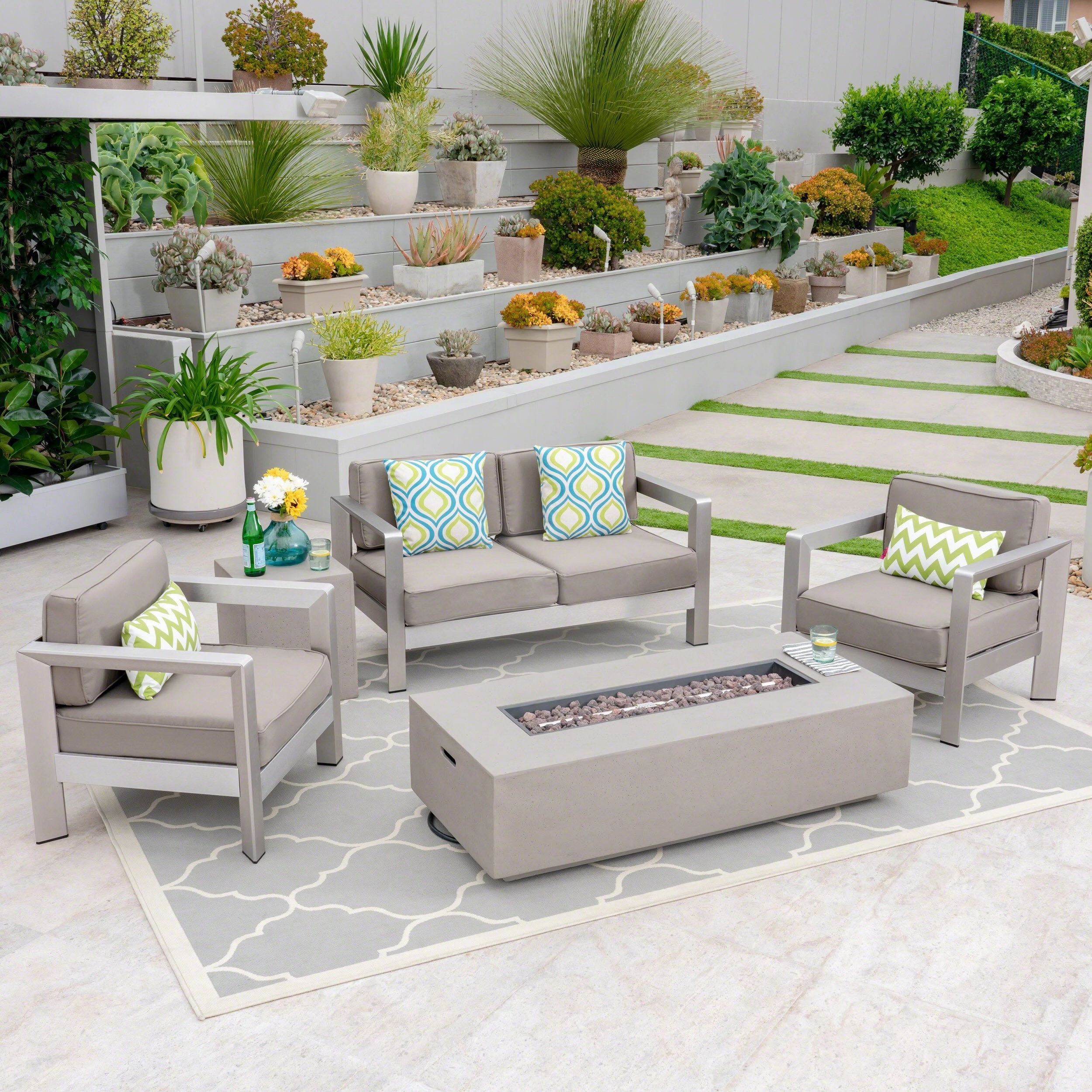 Outdoor 4-Seater Aluminum Chat Set with Fire Pit and Tank Holder - NH964603 outdoor furniture, garden bench