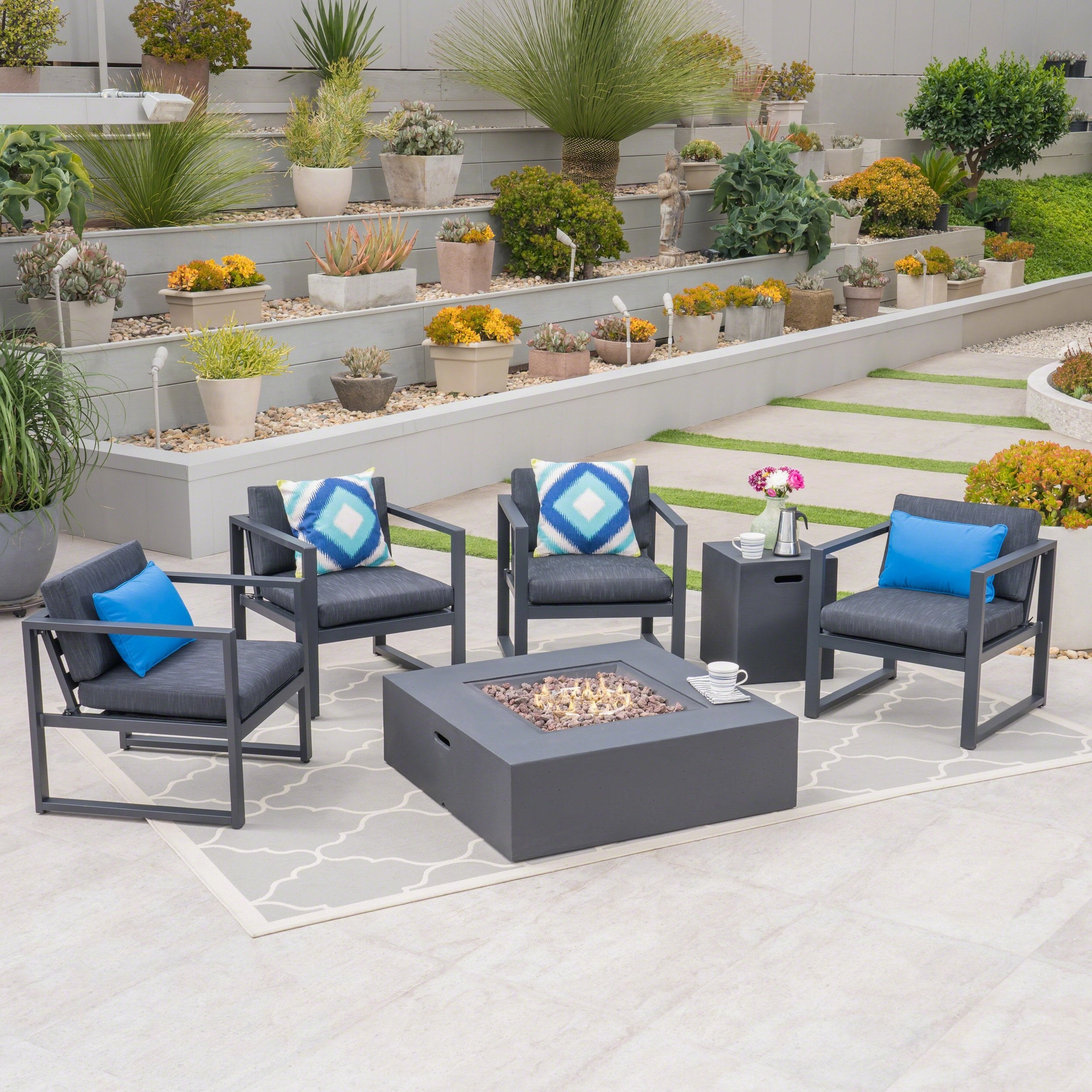 Outdoor 4-Seater Aluminum Chat Set with Fire Pit, Black and Dark Gray - NH309503 outdoor furniture, garden bench