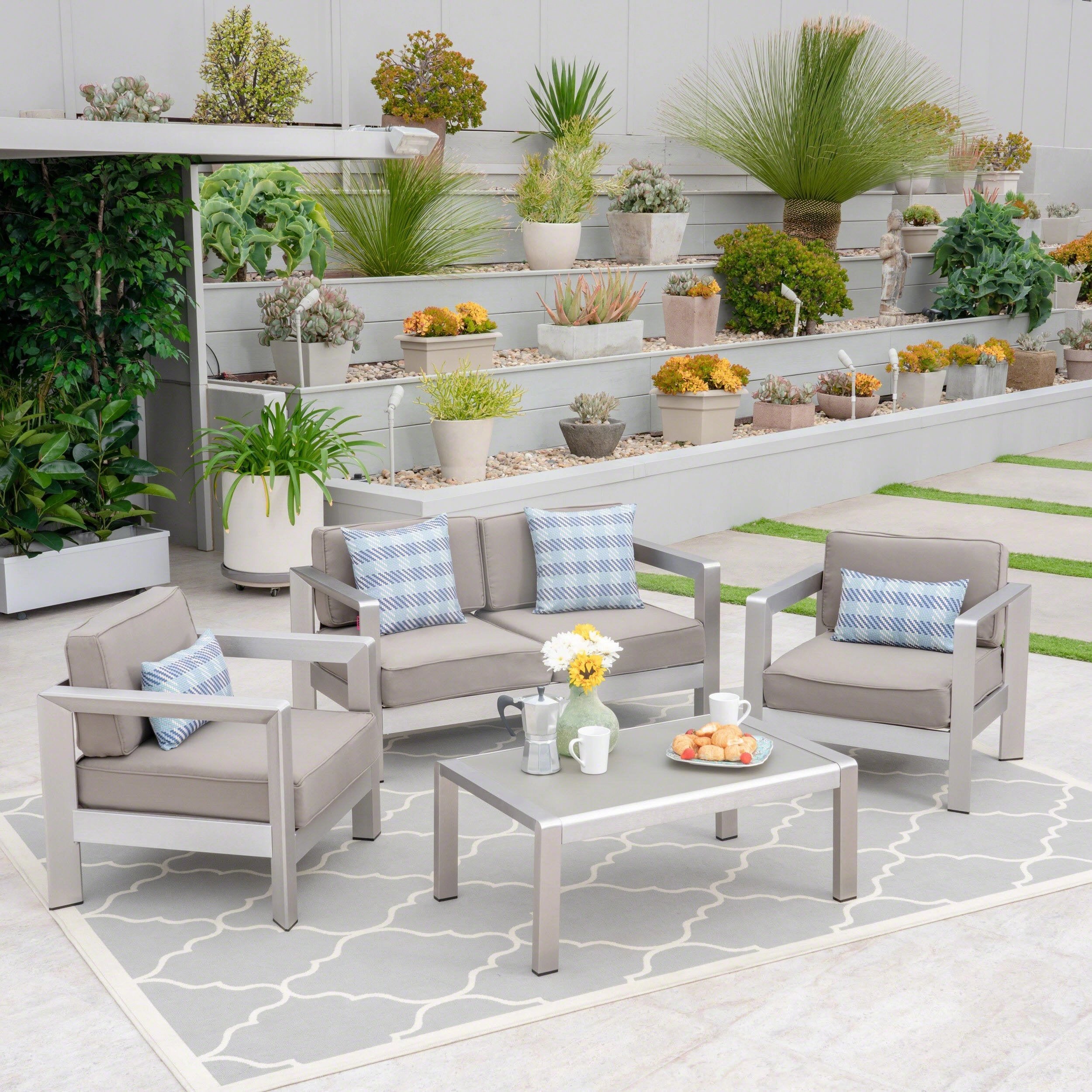 Outdoor 4-Seater Aluminum Chat Set with Tempered Glass-Topped Coffee Table - NH764603 outdoor furniture, garden bench