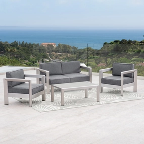 Outdoor 4-Seater Aluminum Chat Set with Tempered Glass-Topped Coffee Table, Silver and Gray - NH864603 outdoor furniture, garden bench
