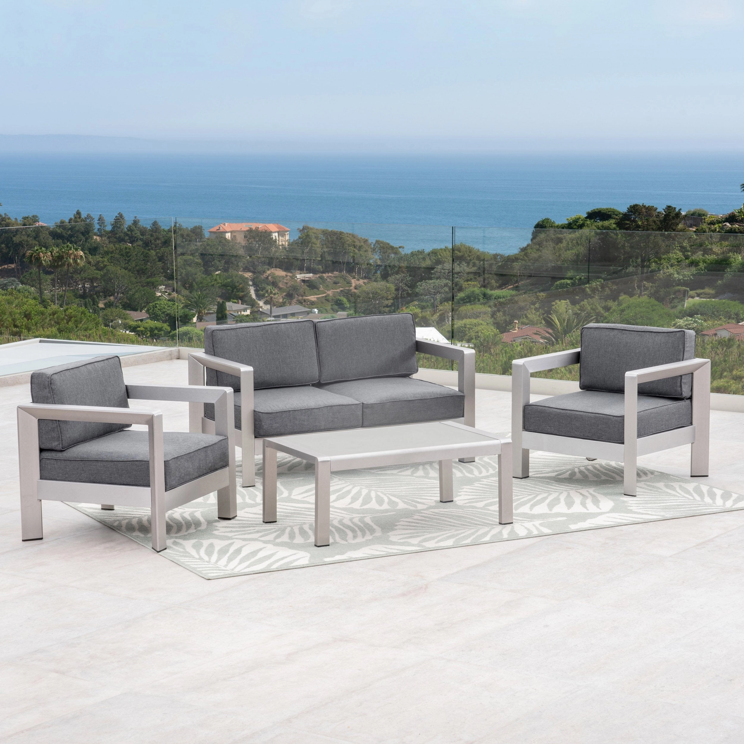 Outdoor 4-Seater Aluminum Chat Set with Tempered Glass-Topped Coffee Table, Silver and Gray - NH864603 outdoor furniture, garden bench