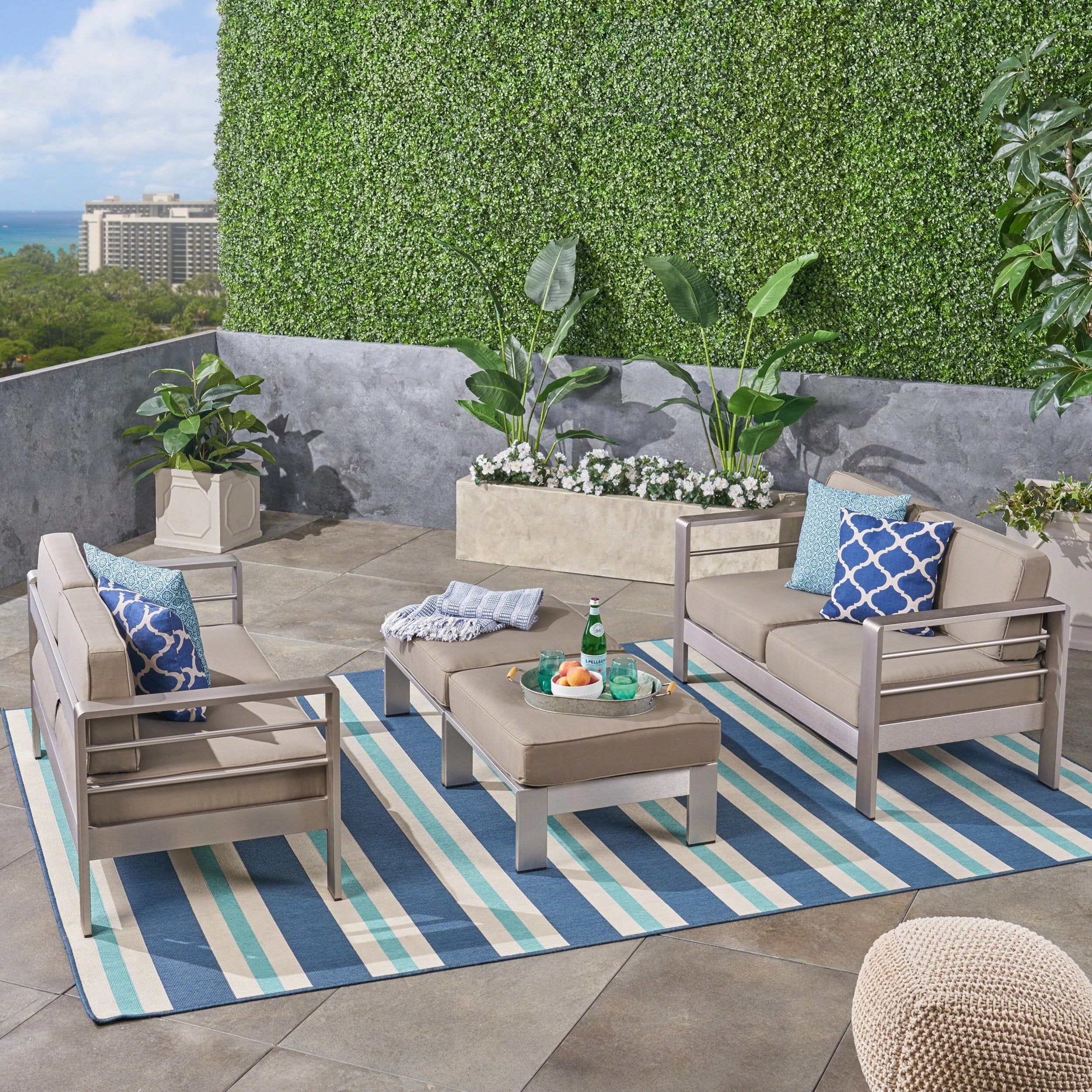 Outdoor 4-Seater Aluminum Loveseat and Ottoman Set, Silver and Khaki - NH543603 outdoor furniture, garden bench