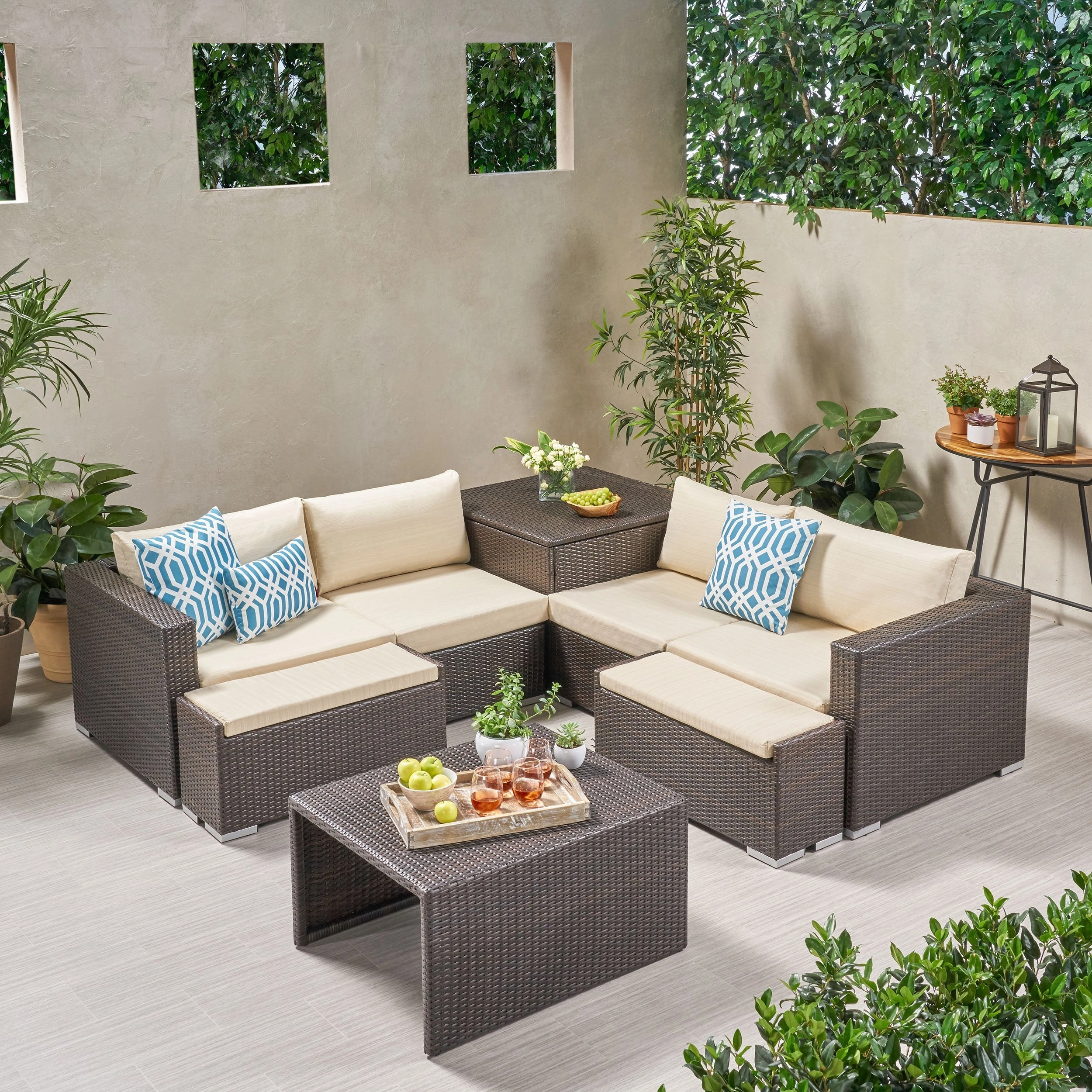 Outdoor 4 Seater V Shaped Storage Sectional Sofa Set with Ottomans - NH169903 outdoor furniture, garden bench