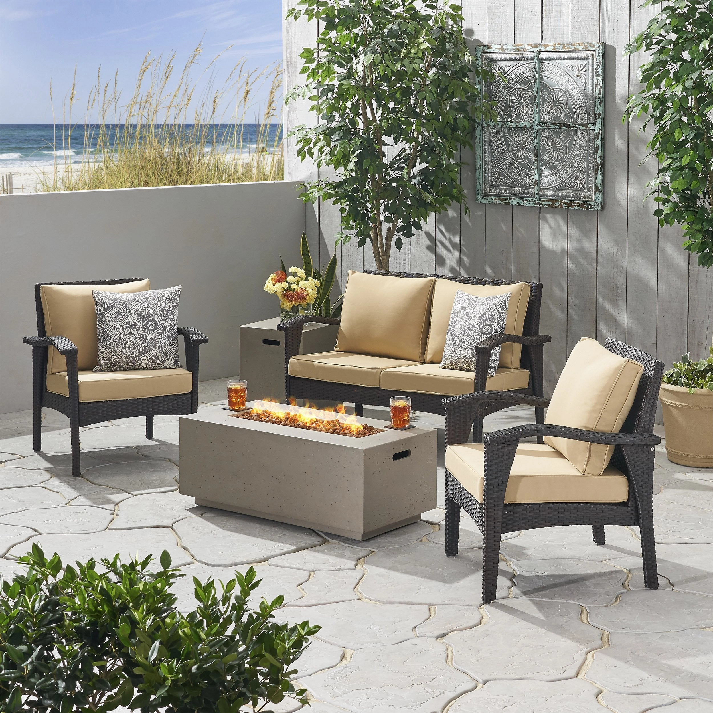 Outdoor 4 Seater Wicker Chat Set with Fire Pit - NH549903 outdoor furniture, garden bench