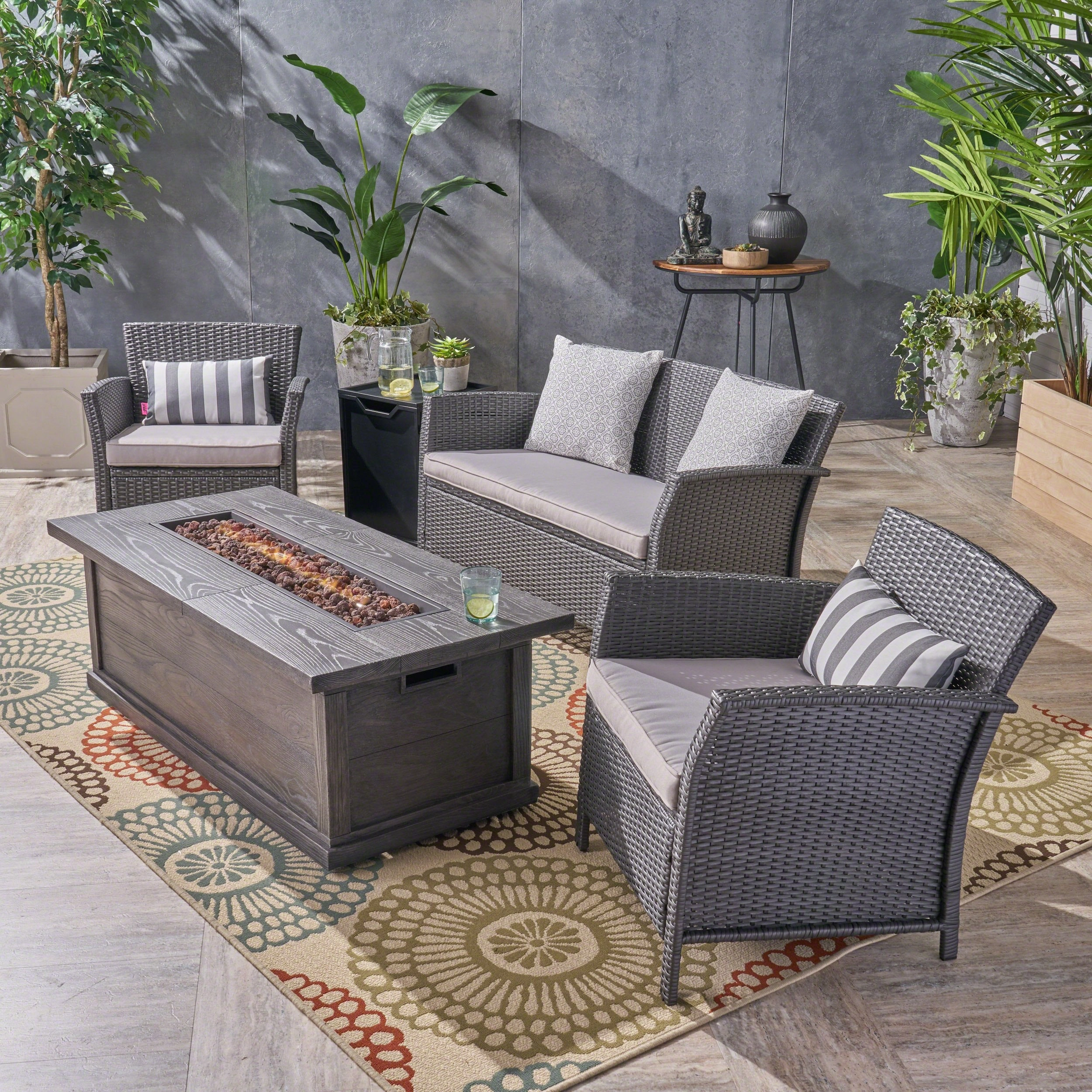 Outdoor 4 Seater Wicker Chat Set with Iron Fire Pit - NH324503 outdoor furniture, garden bench