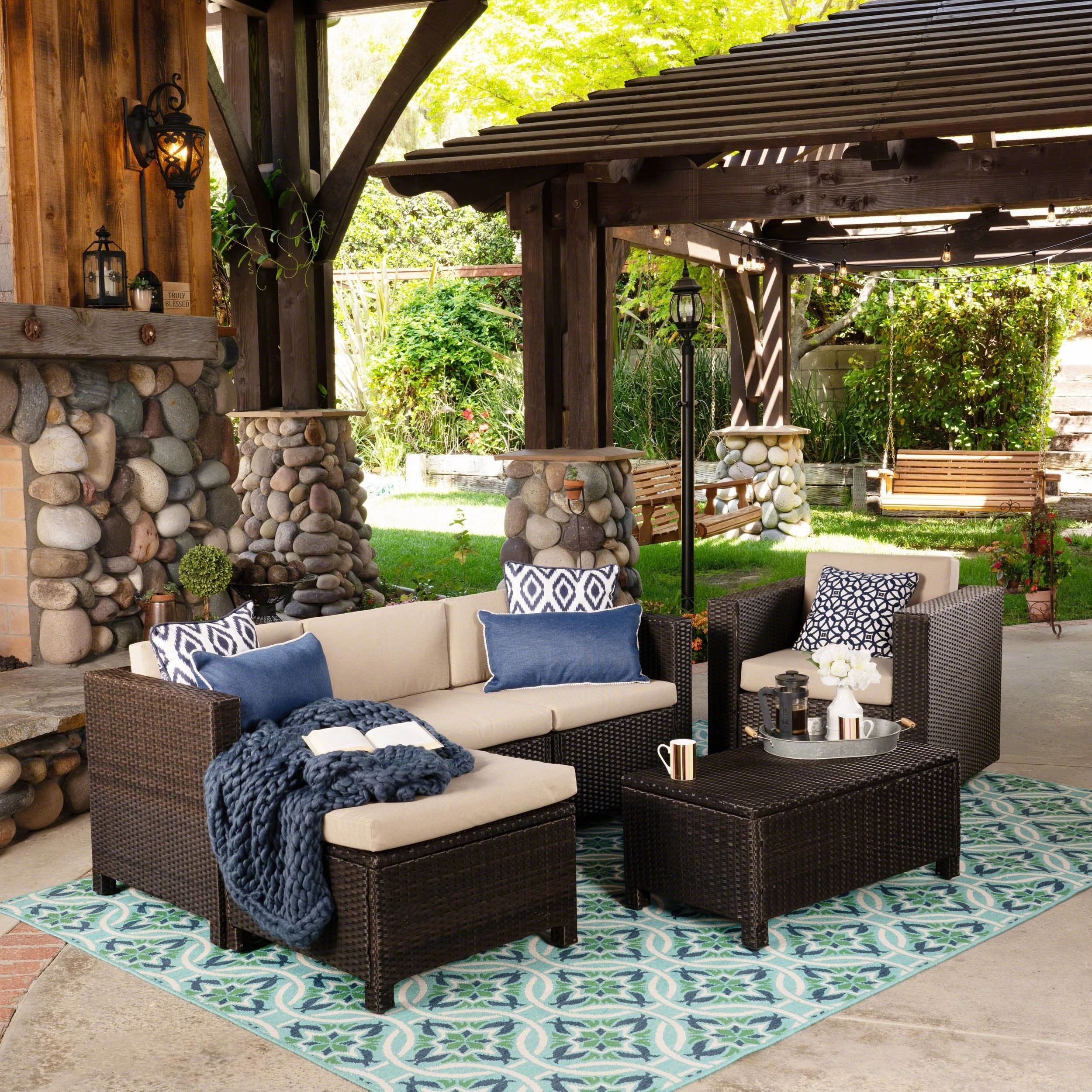 Outdoor 4 Seater Wicker L-Shaped Sectional Sofa Set with Cushions - NH437403 outdoor furniture, garden bench
