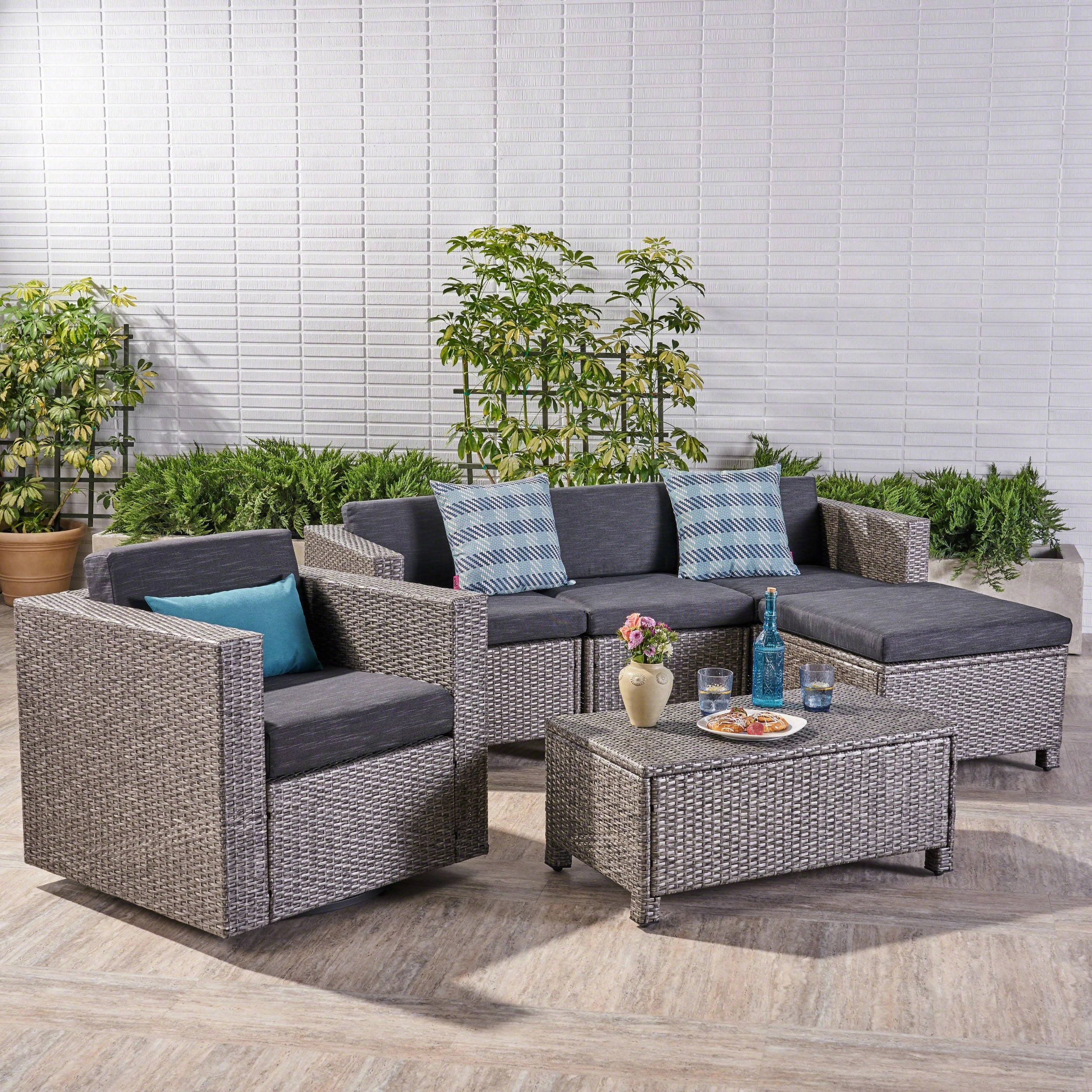 Outdoor 4 Seater Wicker L-Shaped Sectional Sofa Set with Cushions, Mixed Black with Dark Grey Cushions - NH337403 outdoor furniture, garden bench